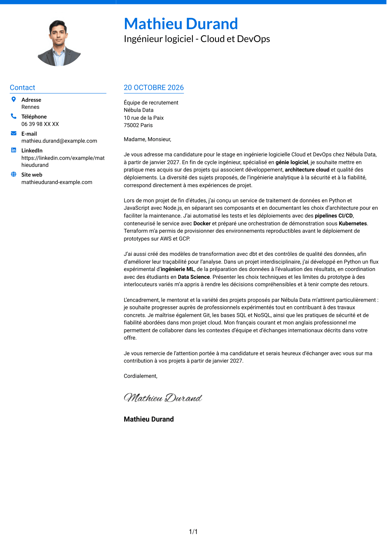 Lettre de motivation Audacieux (format à deux colonnes avec accents colorés et photo) : Ingénieur logiciel - Cloud et DevOps, page 1