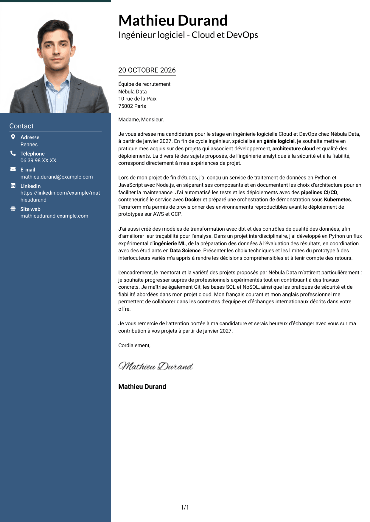 Lettre de motivation Signature (format à colonne latérale colorée avec grande photo) : Ingénieur logiciel - Cloud et DevOps, page 1