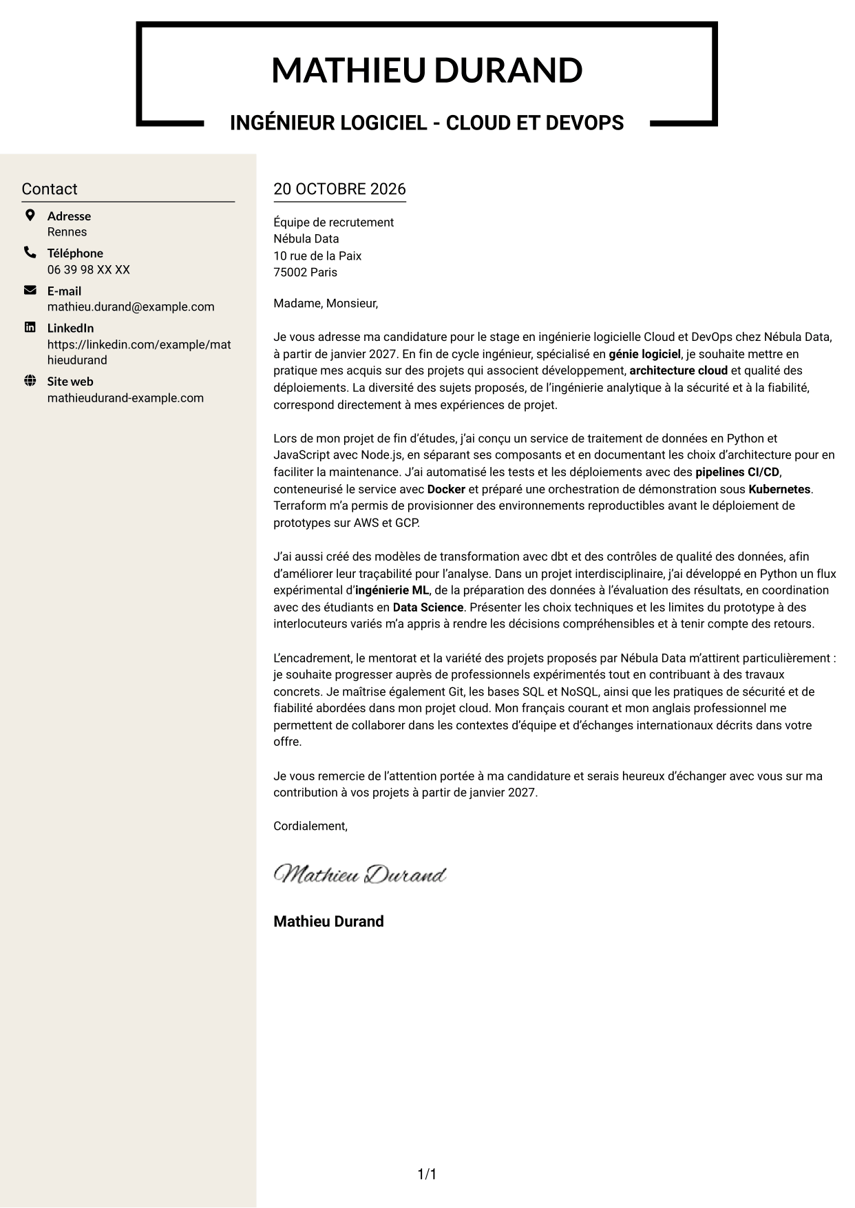 Lettre de motivation Fonceur (format à deux colonnes avec en-tête centré sans photo) : Ingénieur logiciel - Cloud et DevOps, page 1