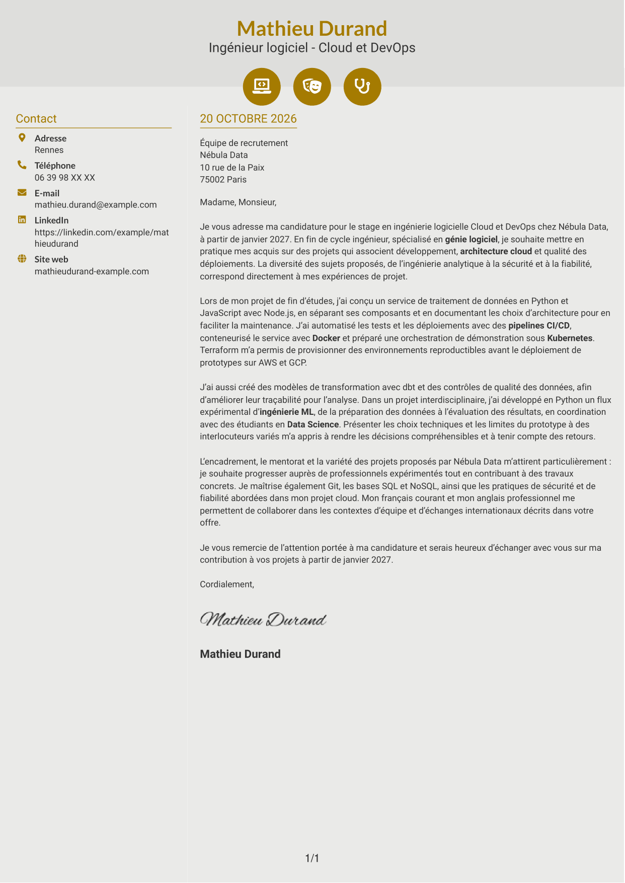 Lettre de motivation Dynamique (format à deux colonnes avec icônes) : Ingénieur logiciel - Cloud et DevOps, page 1