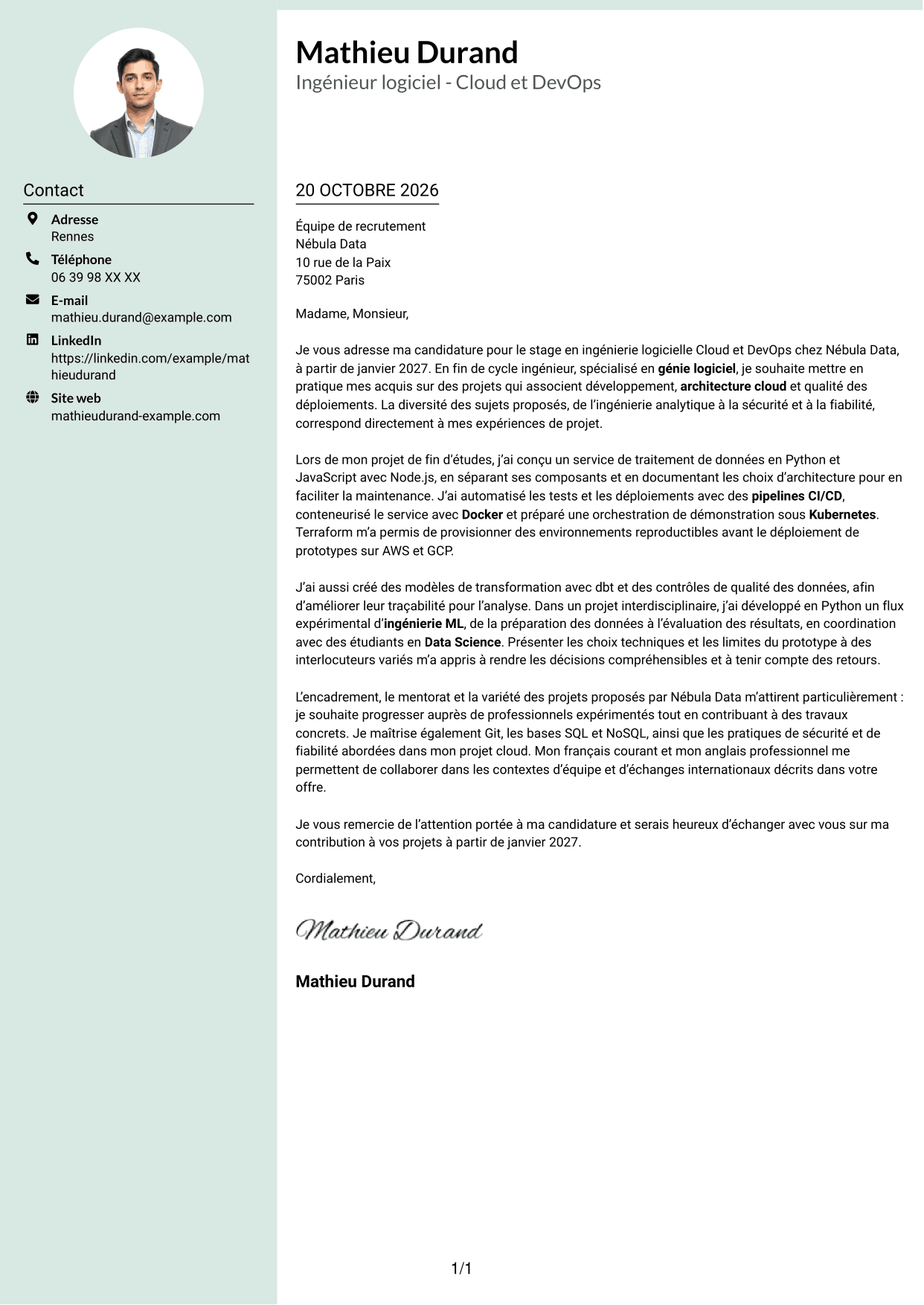 Lettre de motivation Cadre (format à colonne latérale douce avec photo arrondie) : Ingénieur logiciel - Cloud et DevOps, page 1