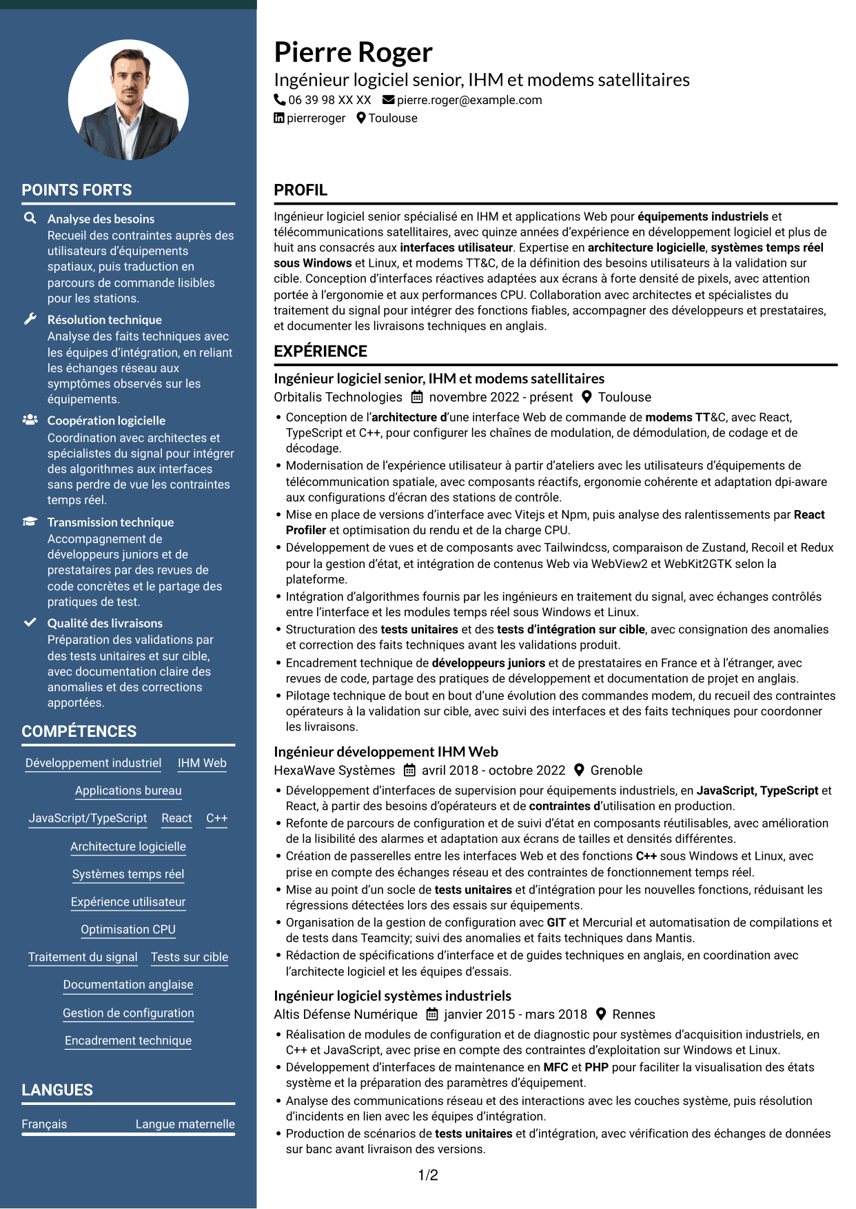CV Élégant (format à colonne latérale colorée avec photo) : Ingénieur logiciel expérimenté - IHM Web pour télécommunications satellitaires, page 1