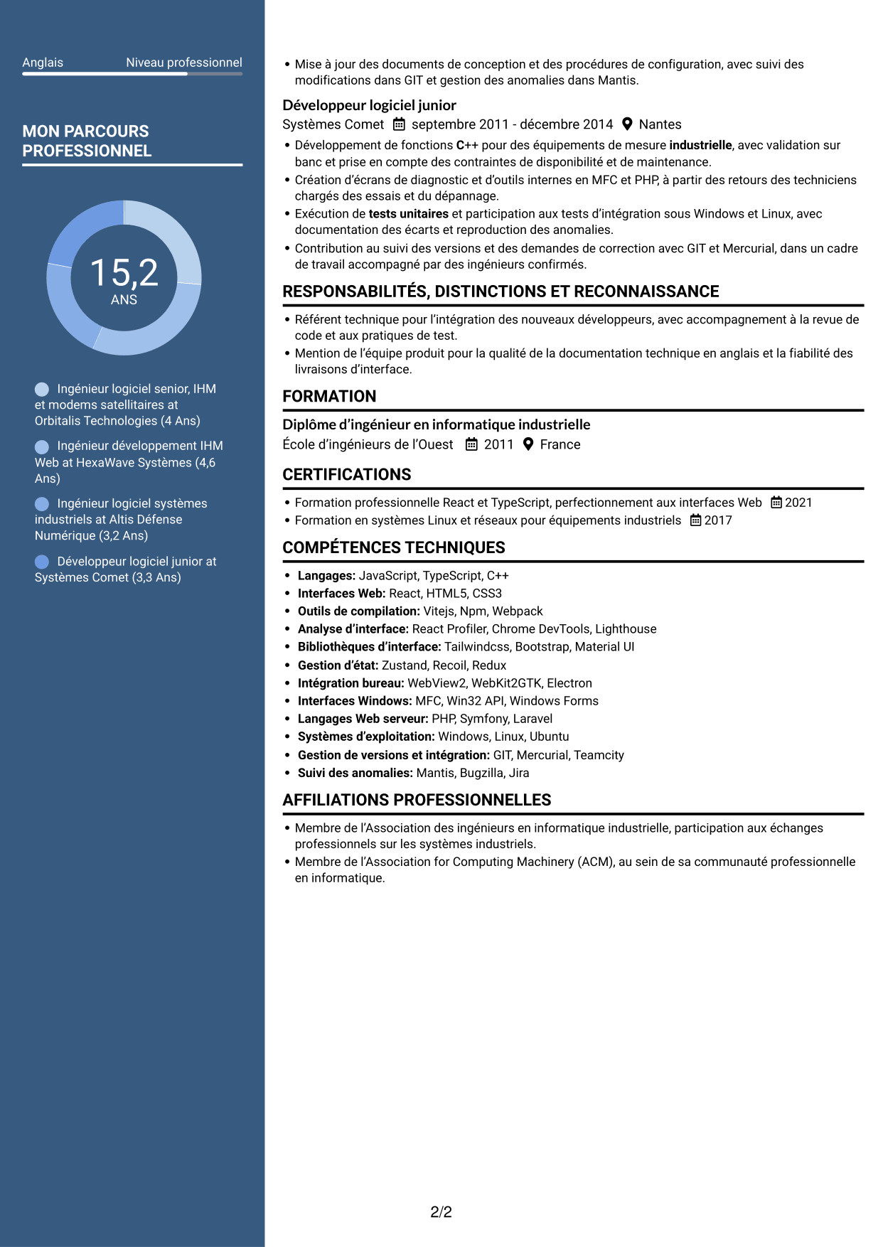 CV Élégant (format à colonne latérale colorée avec photo) : Ingénieur logiciel expérimenté - IHM Web pour télécommunications satellitaires, page 2