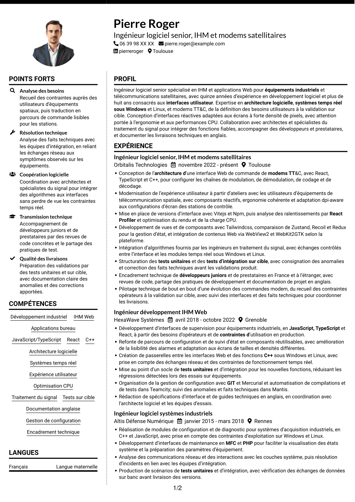 CV Moderne (format à deux colonnes avec photo à gauche et séparateur) : Ingénieur logiciel expérimenté - IHM Web pour télécommunications satellitaires, page 1