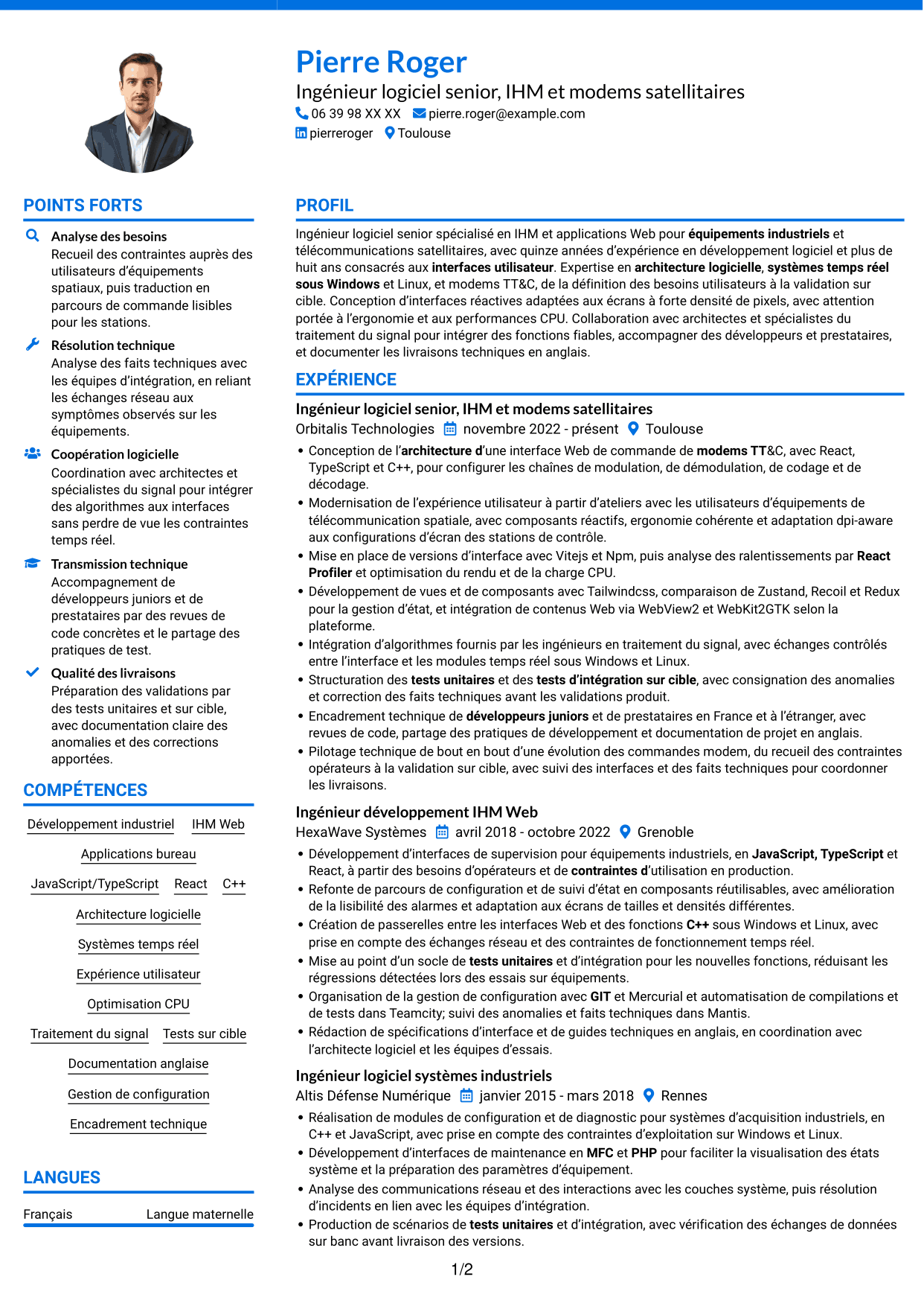 CV Audacieux (format à deux colonnes avec accents colorés et photo) : Ingénieur logiciel expérimenté - IHM Web pour télécommunications satellitaires, page 1