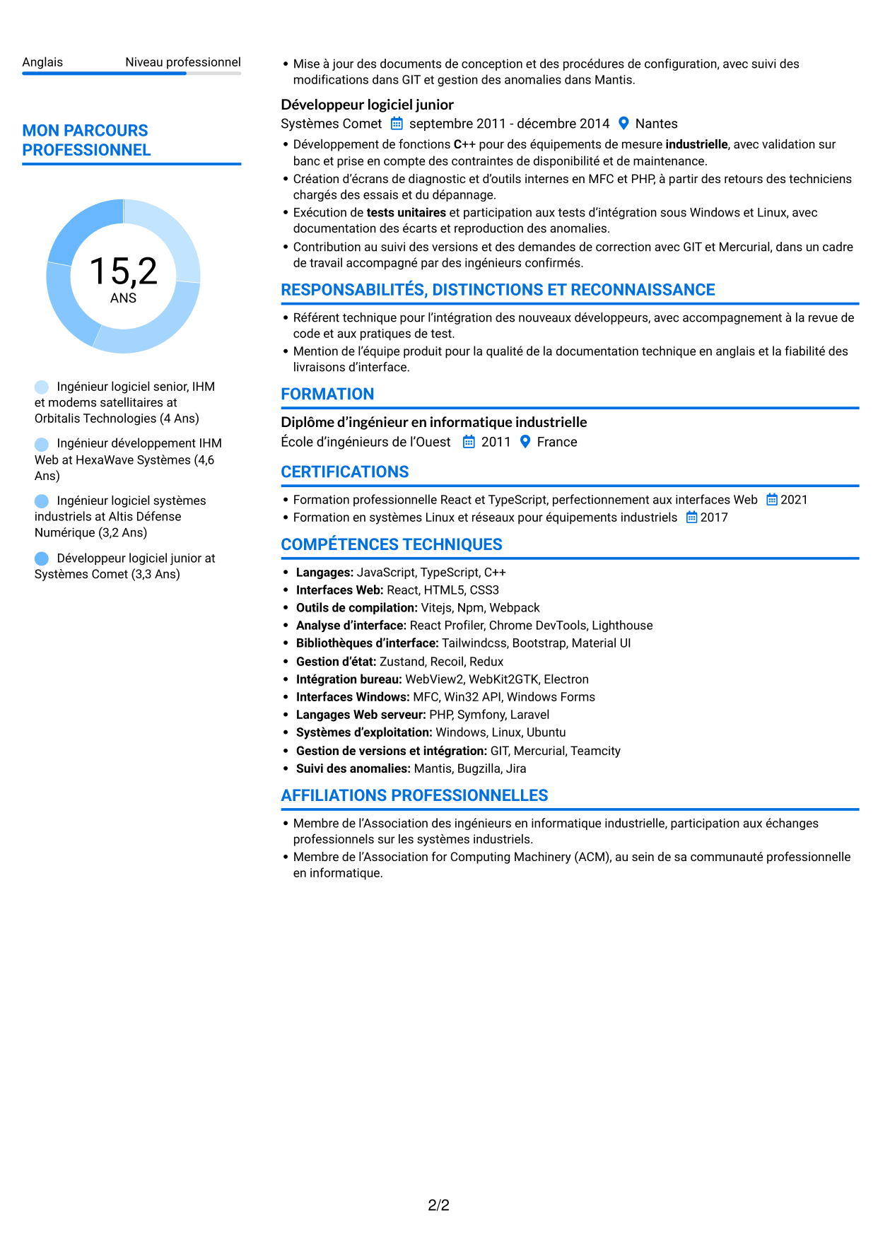 CV Audacieux (format à deux colonnes avec accents colorés et photo) : Ingénieur logiciel expérimenté - IHM Web pour télécommunications satellitaires, page 2