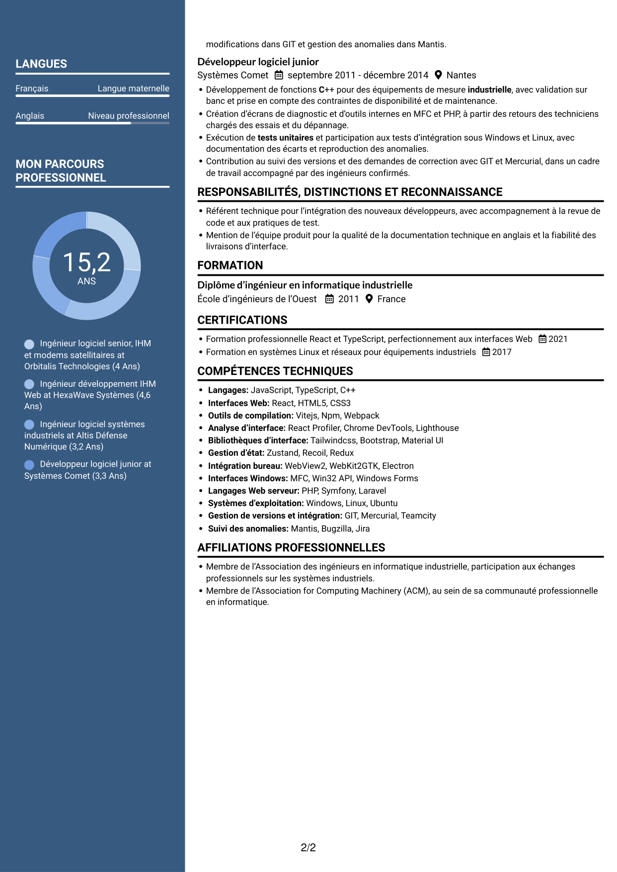 CV Signature (format à colonne latérale colorée avec grande photo) : Ingénieur logiciel expérimenté - IHM Web pour télécommunications satellitaires, page 2