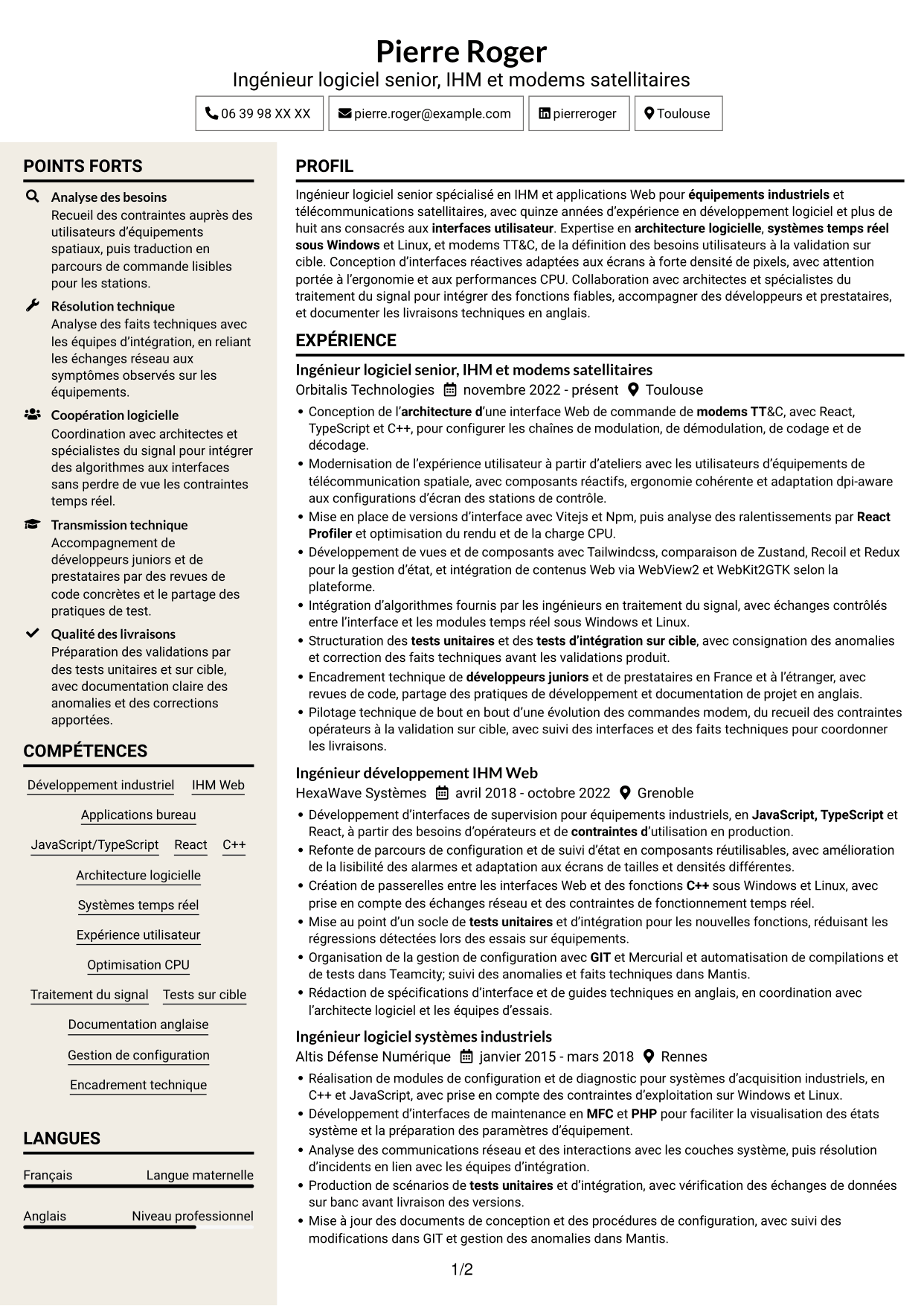 CV Fonceur (format à deux colonnes avec en-tête centré sans photo) : Ingénieur logiciel expérimenté - IHM Web pour télécommunications satellitaires, page 1