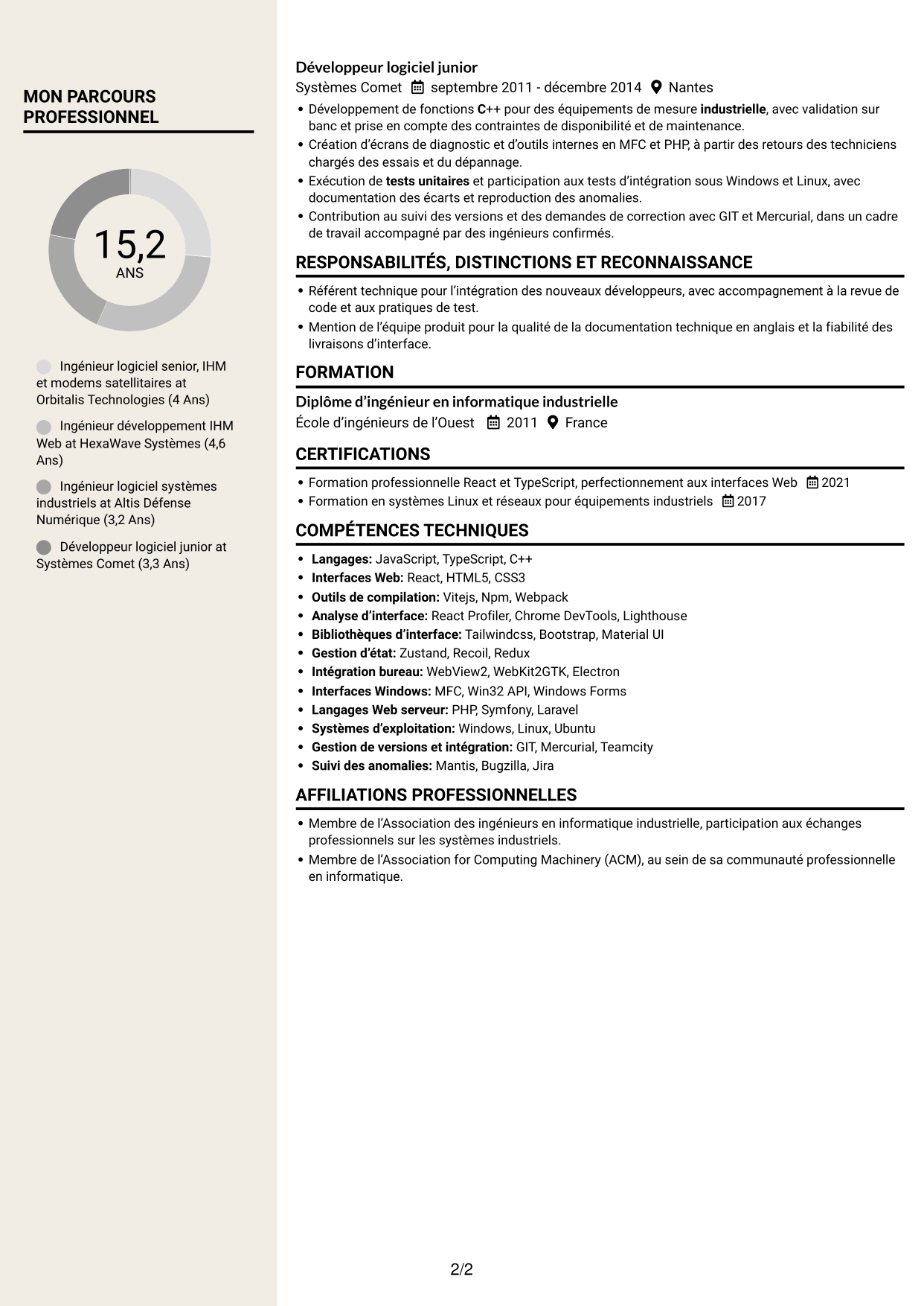 CV Fonceur (format à deux colonnes avec en-tête centré sans photo) : Ingénieur logiciel expérimenté - IHM Web pour télécommunications satellitaires, page 2