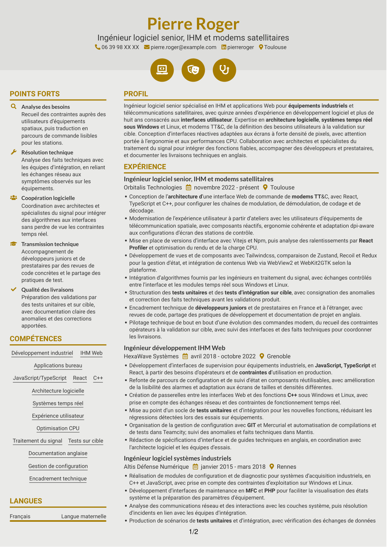 CV Dynamique (format à deux colonnes avec icônes) : Ingénieur logiciel expérimenté - IHM Web pour télécommunications satellitaires, page 1