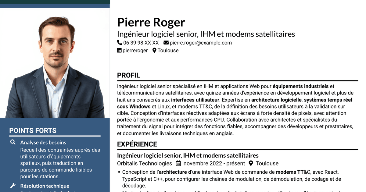 7 modèles de CV pour Ingénieur logiciel expérimenté - IHM Web pour télécommunications satellitaires, avec exemples