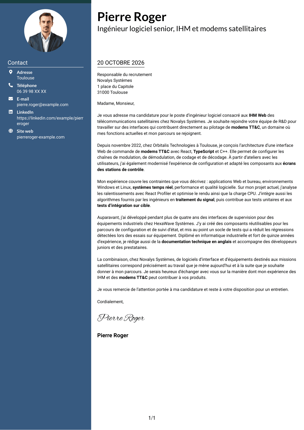 Lettre de motivation Élégant (format à colonne latérale colorée avec photo) : Ingénieur logiciel expérimenté - IHM Web pour télécommunications satellitaires, page 1
