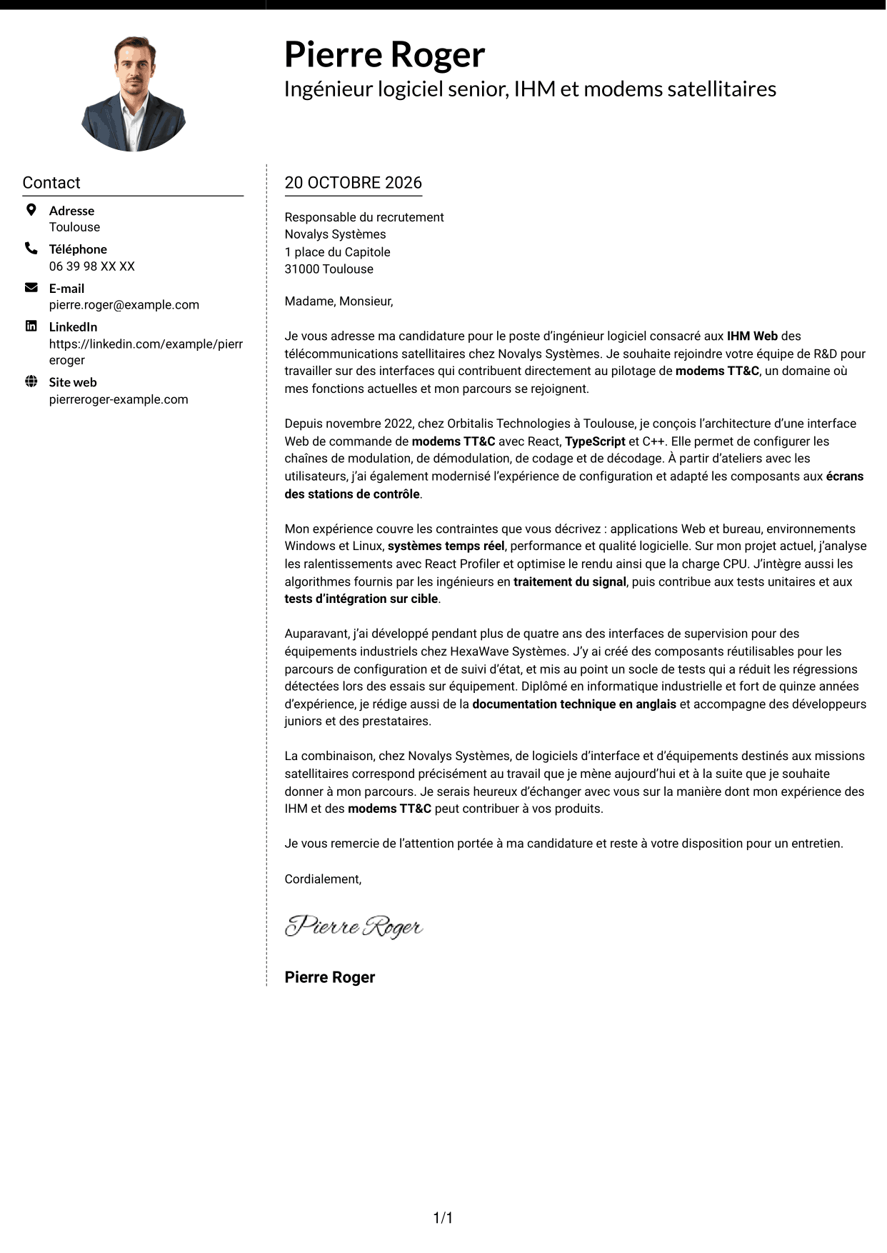 Lettre de motivation Moderne (format à deux colonnes avec photo à gauche et séparateur) : Ingénieur logiciel expérimenté - IHM Web pour télécommunications satellitaires, page 1