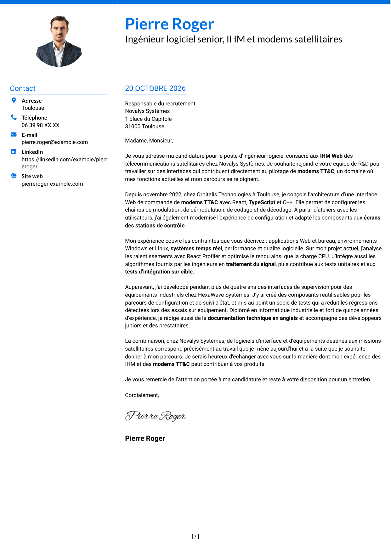 Lettre de motivation Audacieux (format à deux colonnes avec accents colorés et photo) : Ingénieur logiciel expérimenté - IHM Web pour télécommunications satellitaires, page 1
