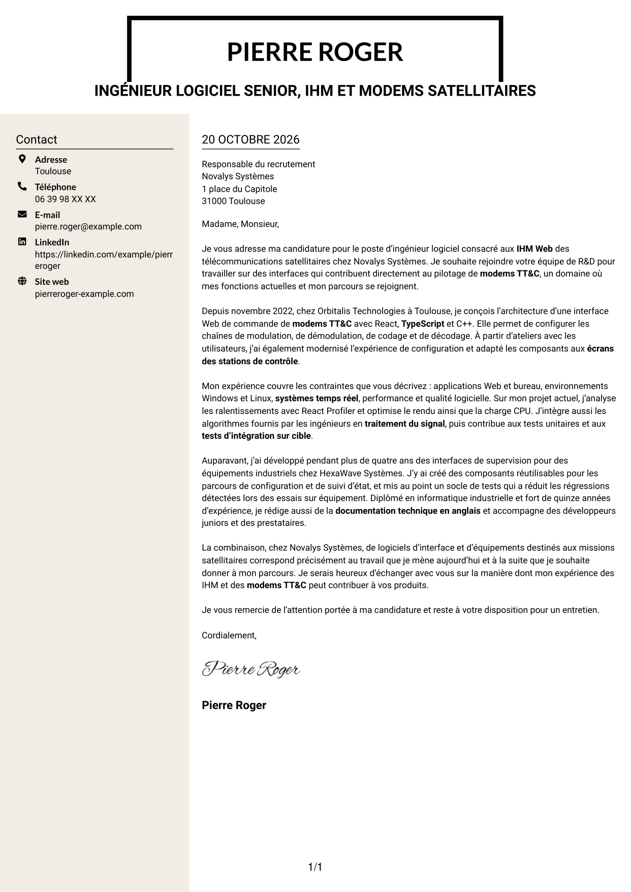 Lettre de motivation Fonceur (format à deux colonnes avec en-tête centré sans photo) : Ingénieur logiciel expérimenté - IHM Web pour télécommunications satellitaires, page 1