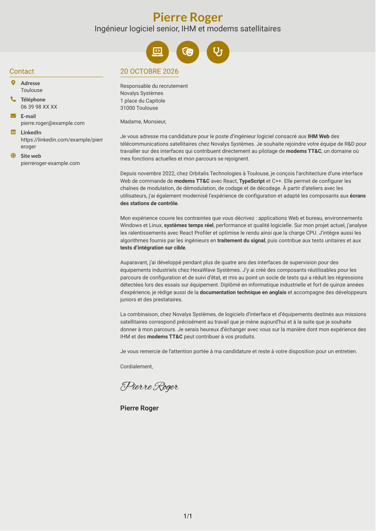 Lettre de motivation Dynamique (format à deux colonnes avec icônes) : Ingénieur logiciel expérimenté - IHM Web pour télécommunications satellitaires, page 1