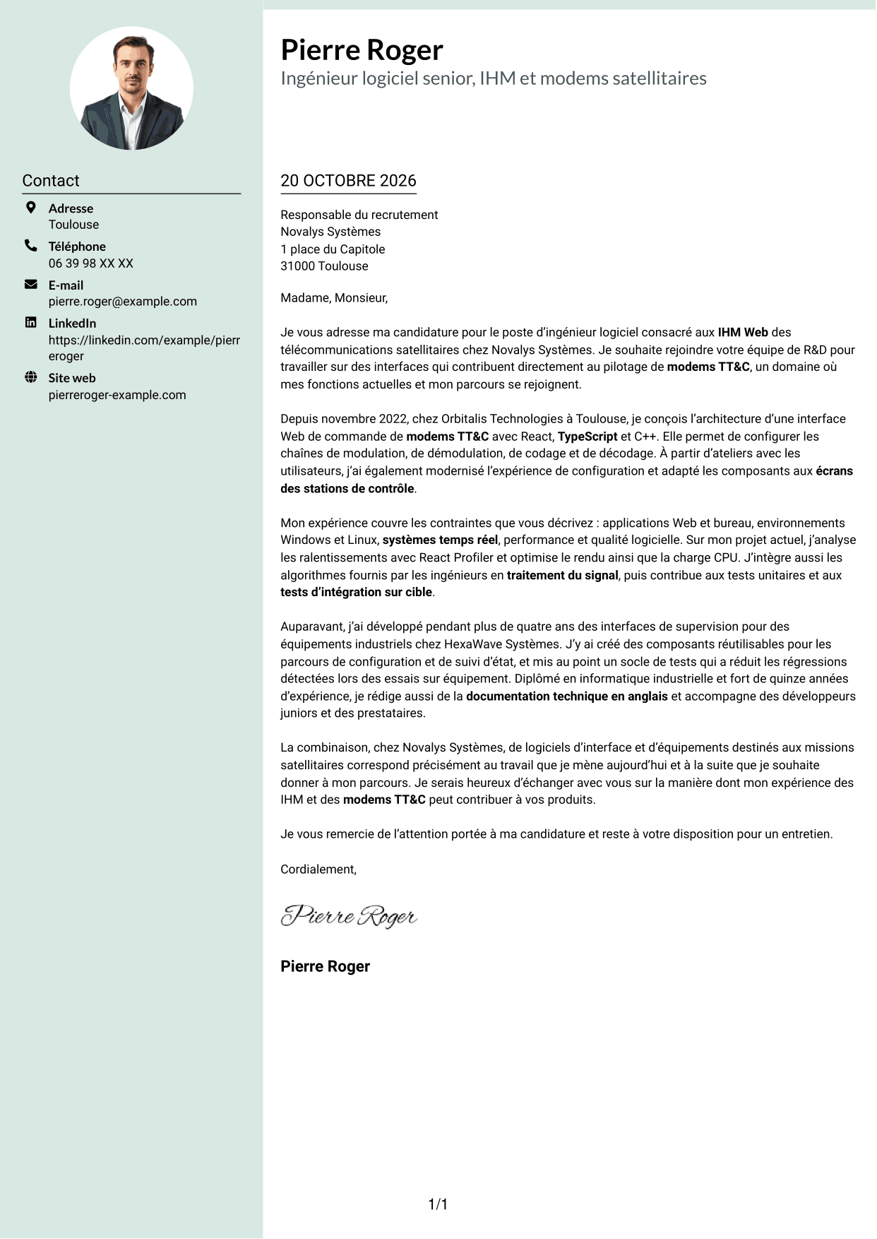 Lettre de motivation Cadre (format à colonne latérale douce avec photo arrondie) : Ingénieur logiciel expérimenté - IHM Web pour télécommunications satellitaires, page 1