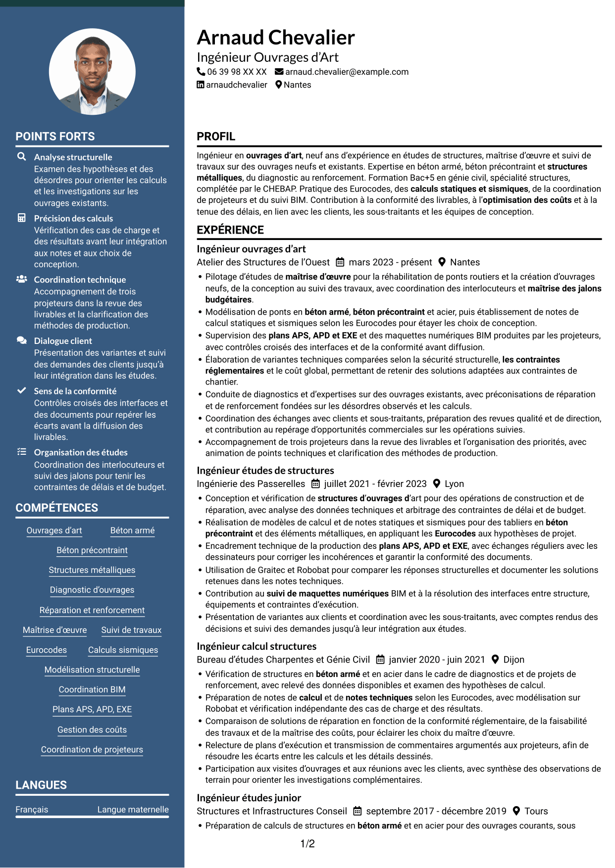 CV Élégant (format à colonne latérale colorée avec photo) : Ingénieur Ouvrages d’Art - Conception et diagnostic des structures, page 1