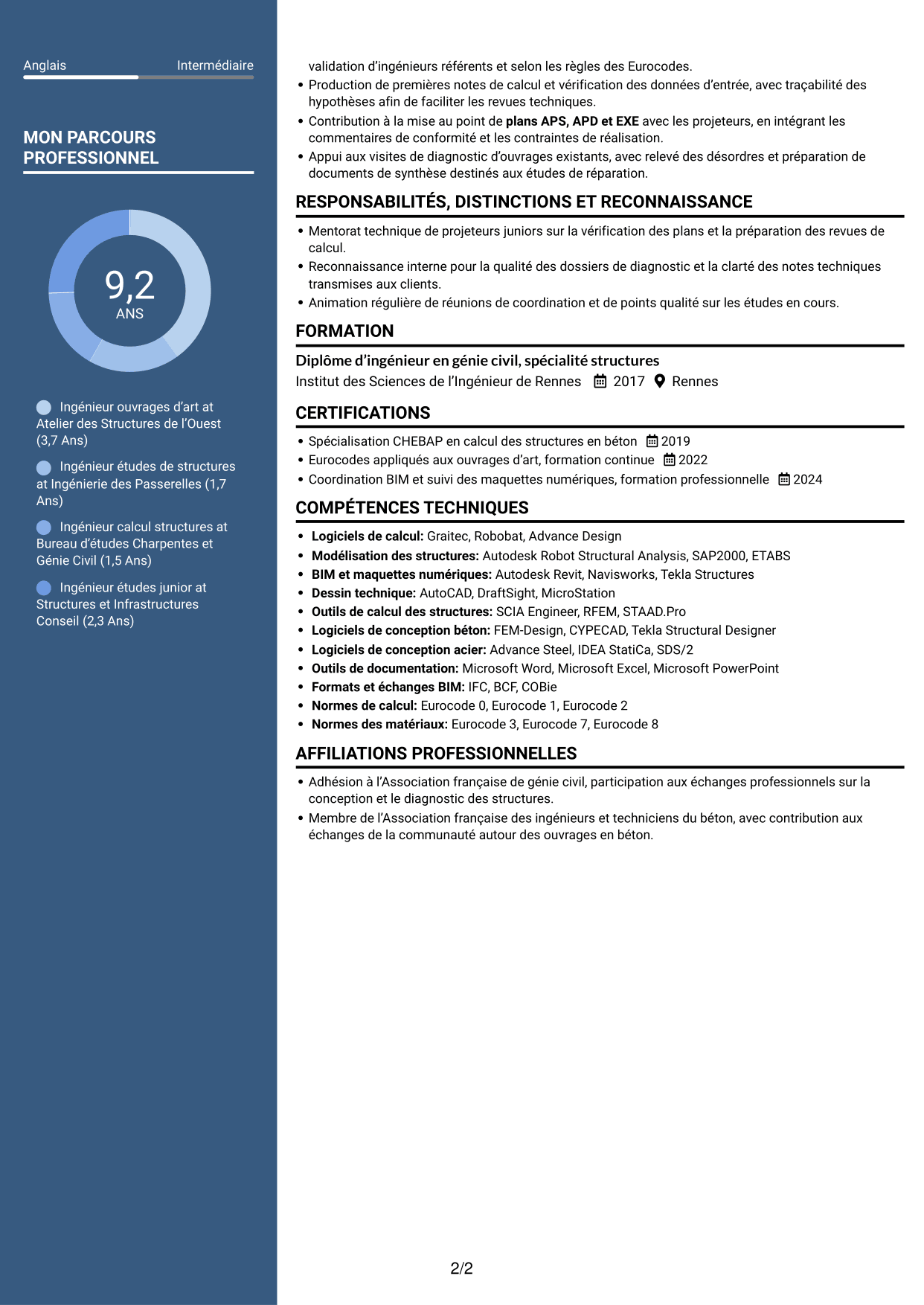CV Élégant (format à colonne latérale colorée avec photo) : Ingénieur Ouvrages d’Art - Conception et diagnostic des structures, page 2