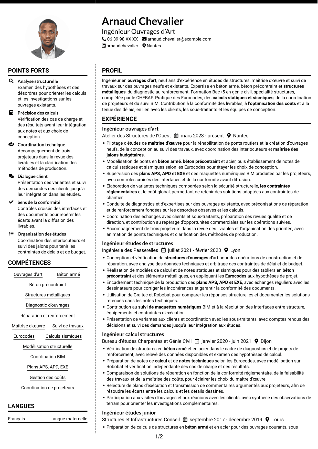 CV Moderne (format à deux colonnes avec photo à gauche et séparateur) : Ingénieur Ouvrages d’Art - Conception et diagnostic des structures, page 1
