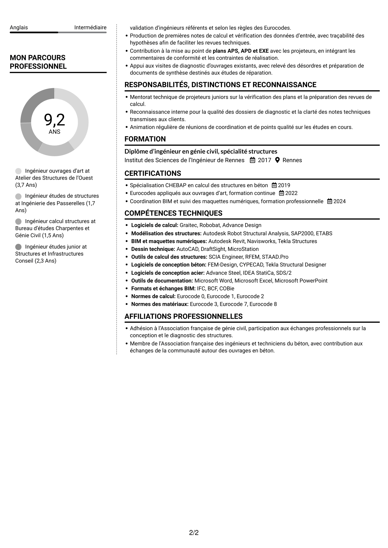 CV Moderne (format à deux colonnes avec photo à gauche et séparateur) : Ingénieur Ouvrages d’Art - Conception et diagnostic des structures, page 2