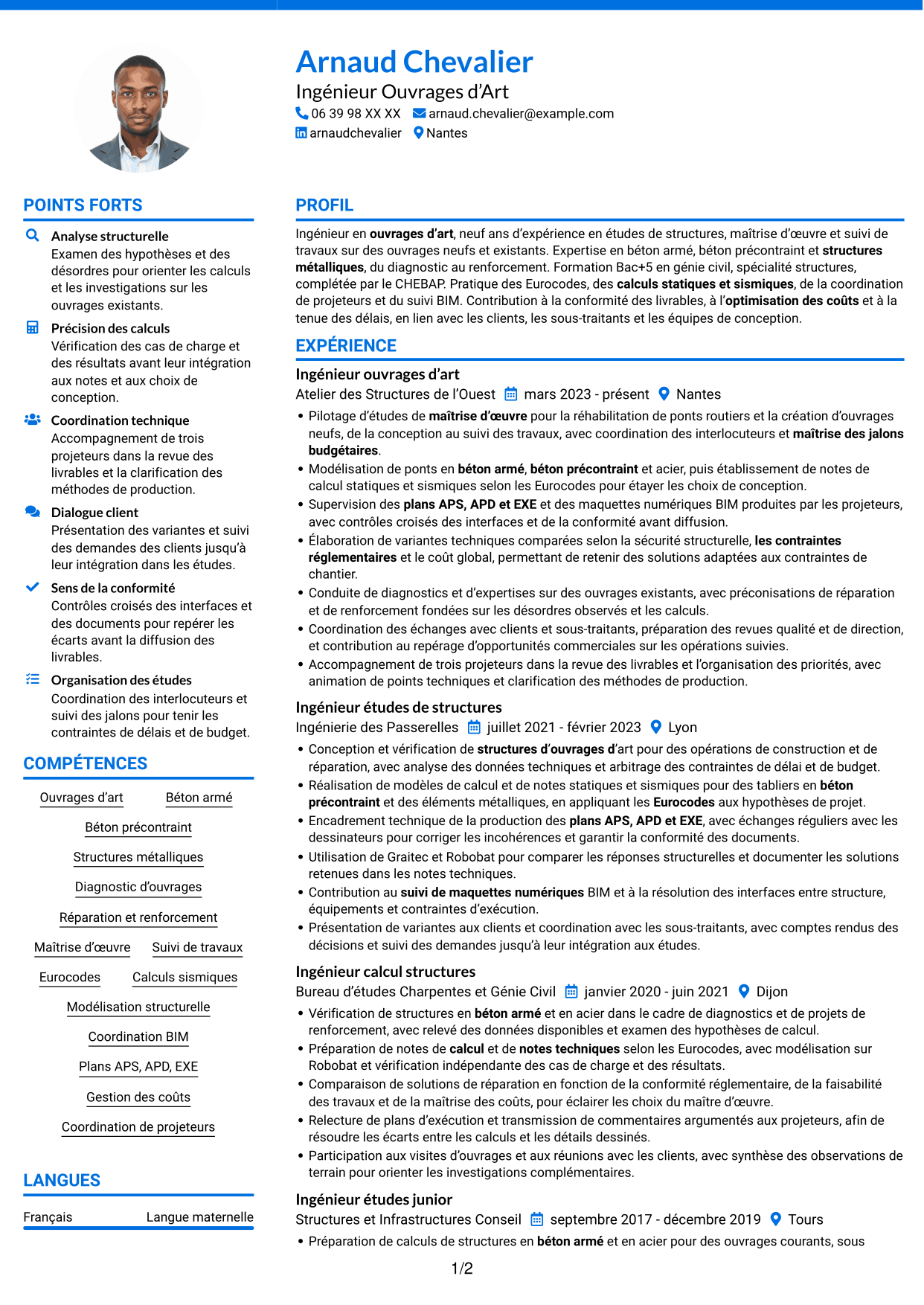 CV Audacieux (format à deux colonnes avec accents colorés et photo) : Ingénieur Ouvrages d’Art - Conception et diagnostic des structures, page 1