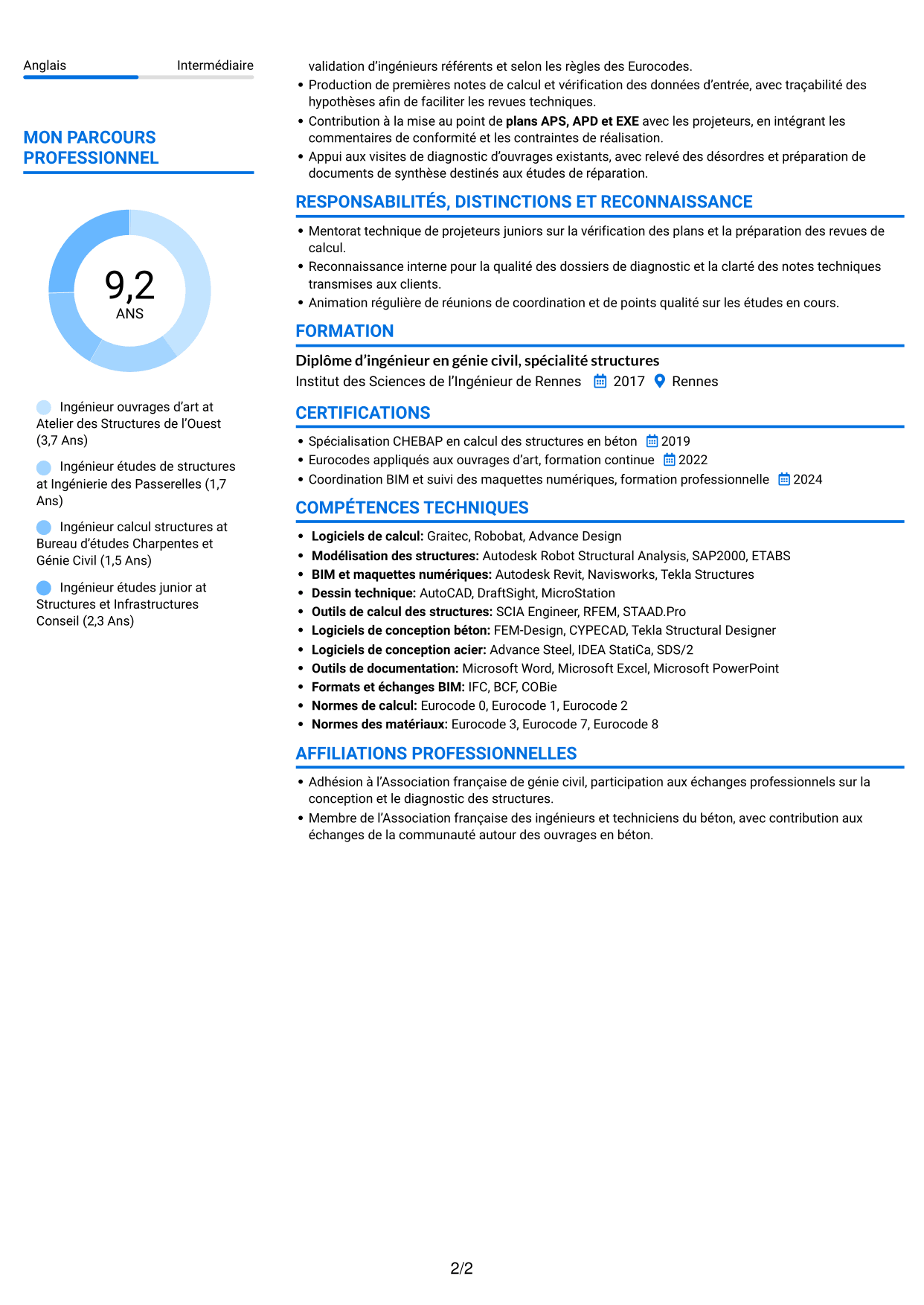 CV Audacieux (format à deux colonnes avec accents colorés et photo) : Ingénieur Ouvrages d’Art - Conception et diagnostic des structures, page 2
