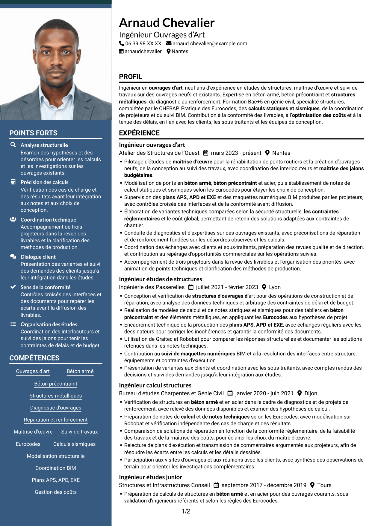 CV Signature (format à colonne latérale colorée avec grande photo) : Ingénieur Ouvrages d’Art - Conception et diagnostic des structures, page 1