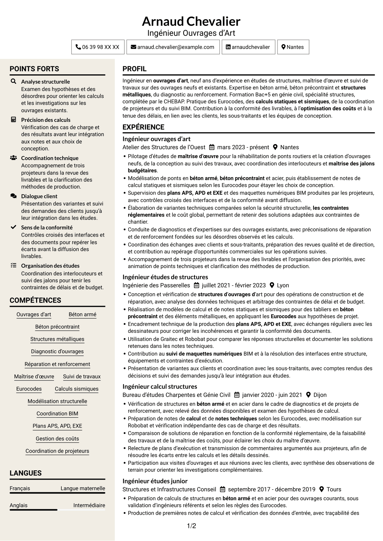 CV Fonceur (format à deux colonnes avec en-tête centré sans photo) : Ingénieur Ouvrages d’Art - Conception et diagnostic des structures, page 1