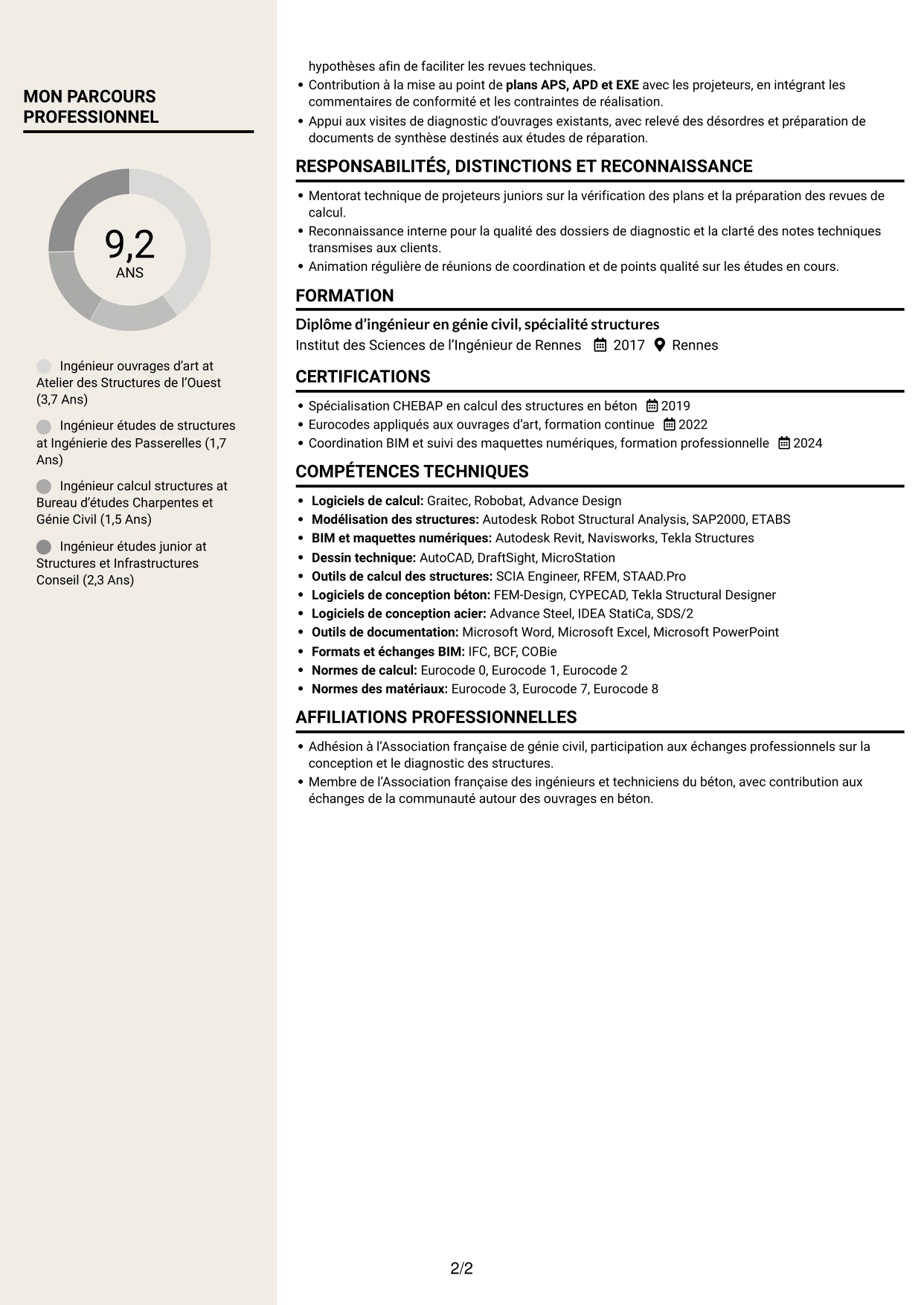 CV Fonceur (format à deux colonnes avec en-tête centré sans photo) : Ingénieur Ouvrages d’Art - Conception et diagnostic des structures, page 2