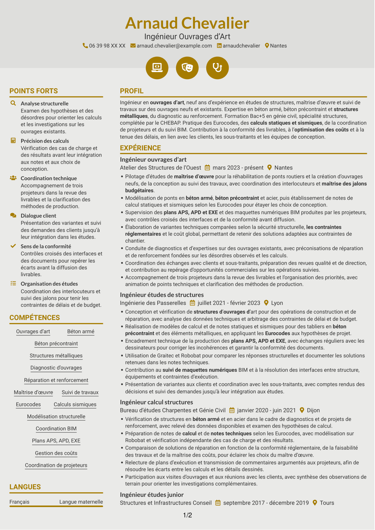 CV Dynamique (format à deux colonnes avec icônes) : Ingénieur Ouvrages d’Art - Conception et diagnostic des structures, page 1