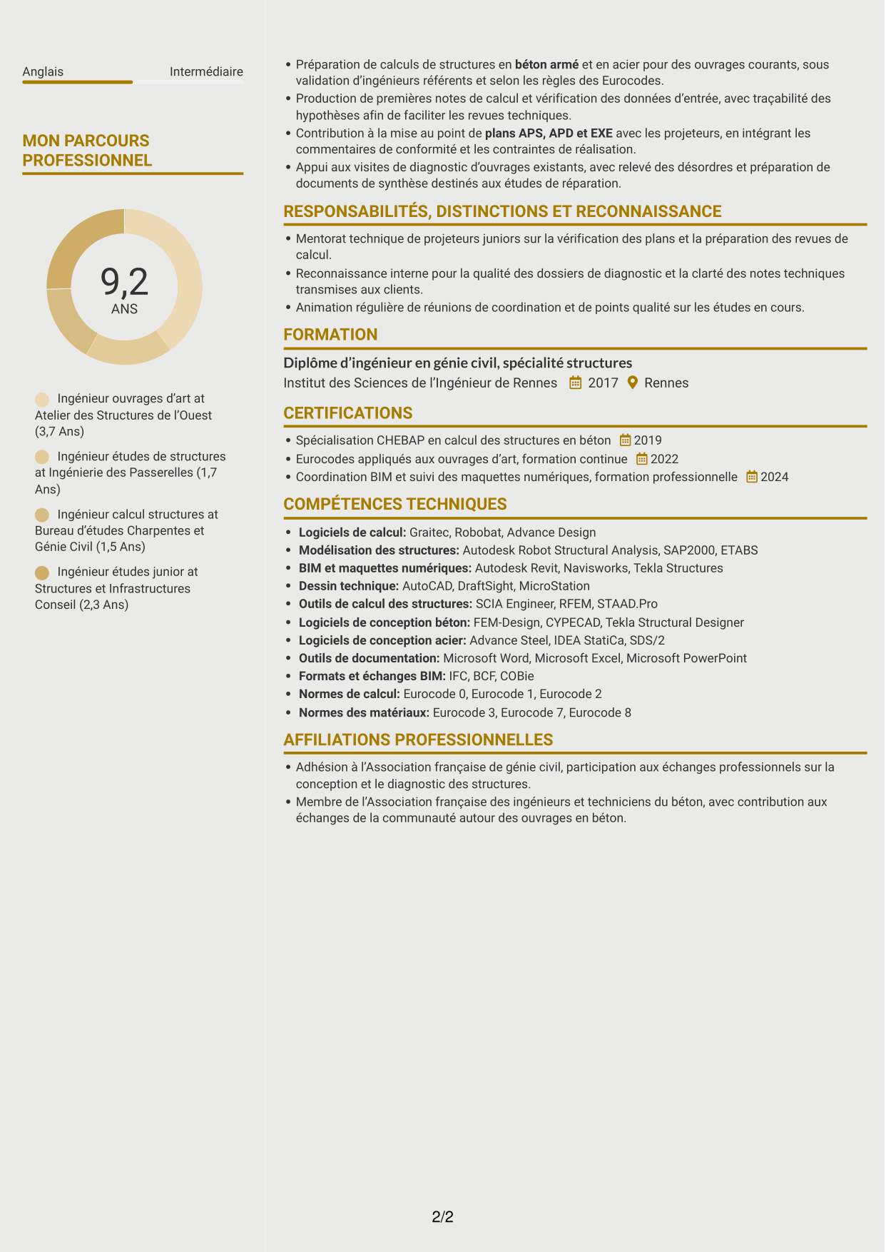 CV Dynamique (format à deux colonnes avec icônes) : Ingénieur Ouvrages d’Art - Conception et diagnostic des structures, page 2