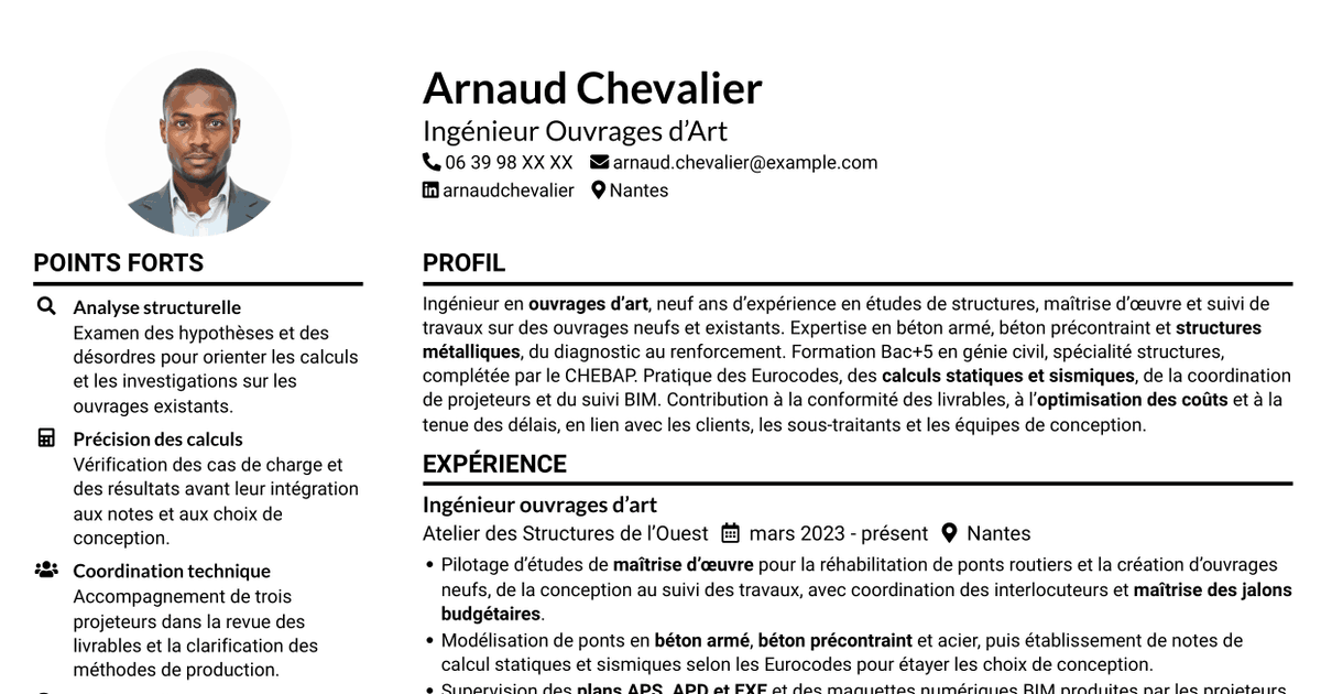 7 modèles de CV pour Ingénieur Ouvrages d’Art - Conception et diagnostic des structures, avec exemples