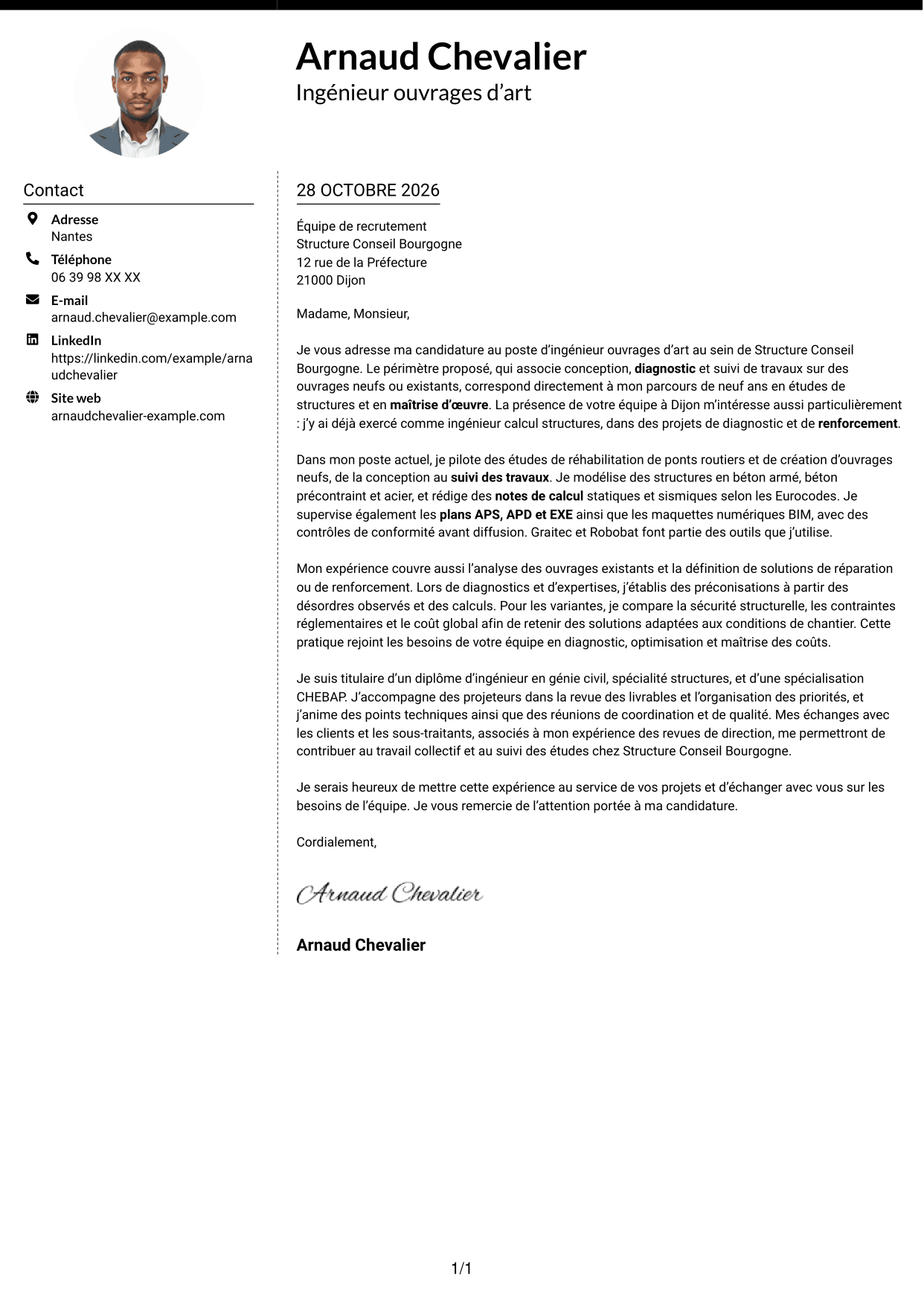 Lettre de motivation Moderne (format à deux colonnes avec photo à gauche et séparateur) : Ingénieur Ouvrages d’Art - Conception et diagnostic des structures, page 1