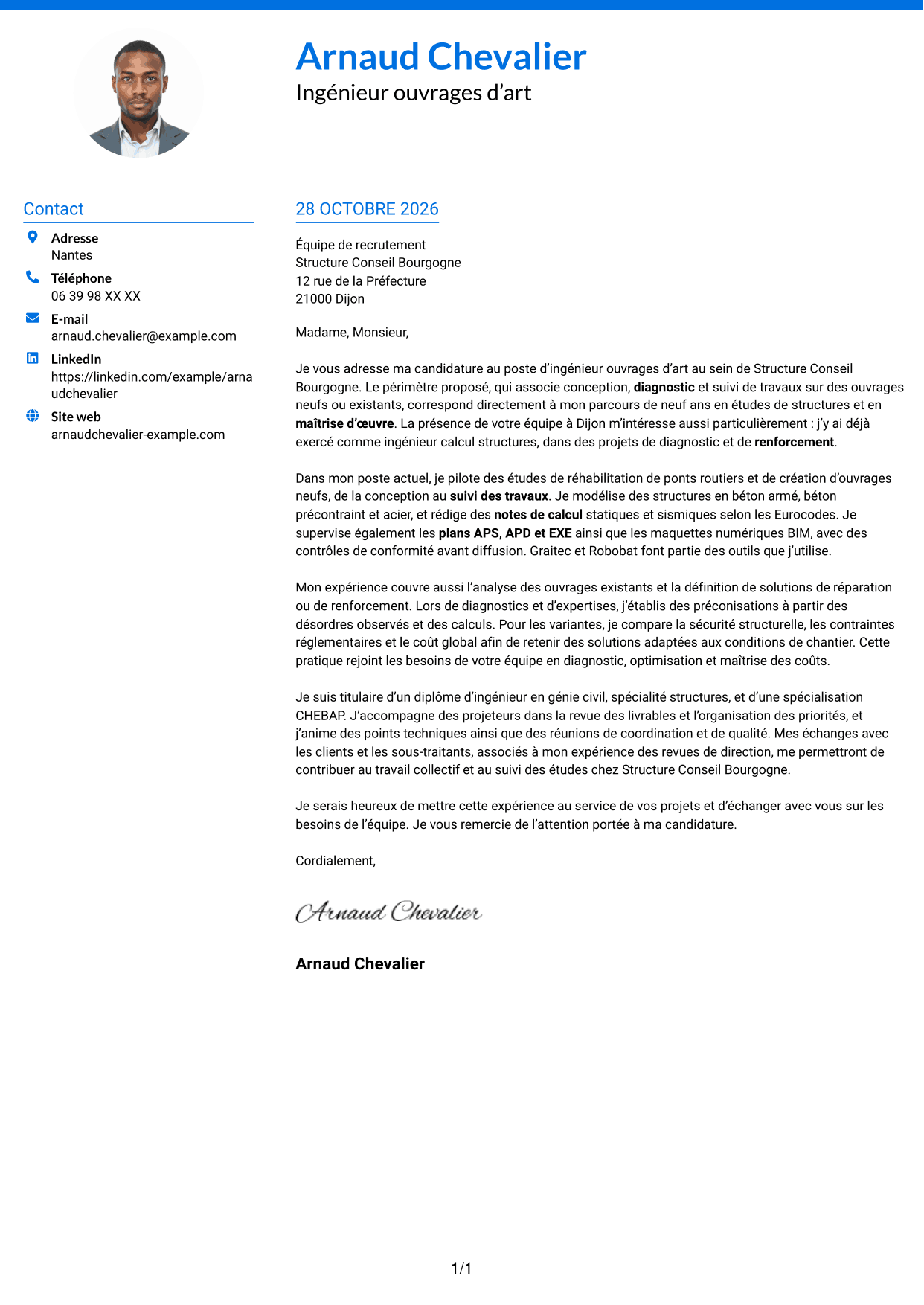 Lettre de motivation Audacieux (format à deux colonnes avec accents colorés et photo) : Ingénieur Ouvrages d’Art - Conception et diagnostic des structures, page 1