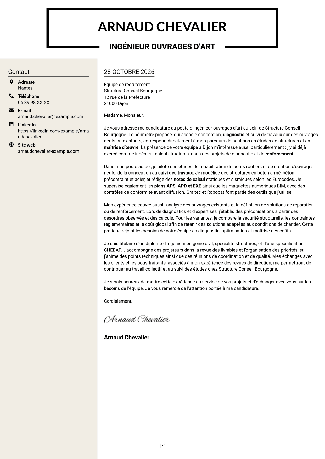 Lettre de motivation Fonceur (format à deux colonnes avec en-tête centré sans photo) : Ingénieur Ouvrages d’Art - Conception et diagnostic des structures, page 1