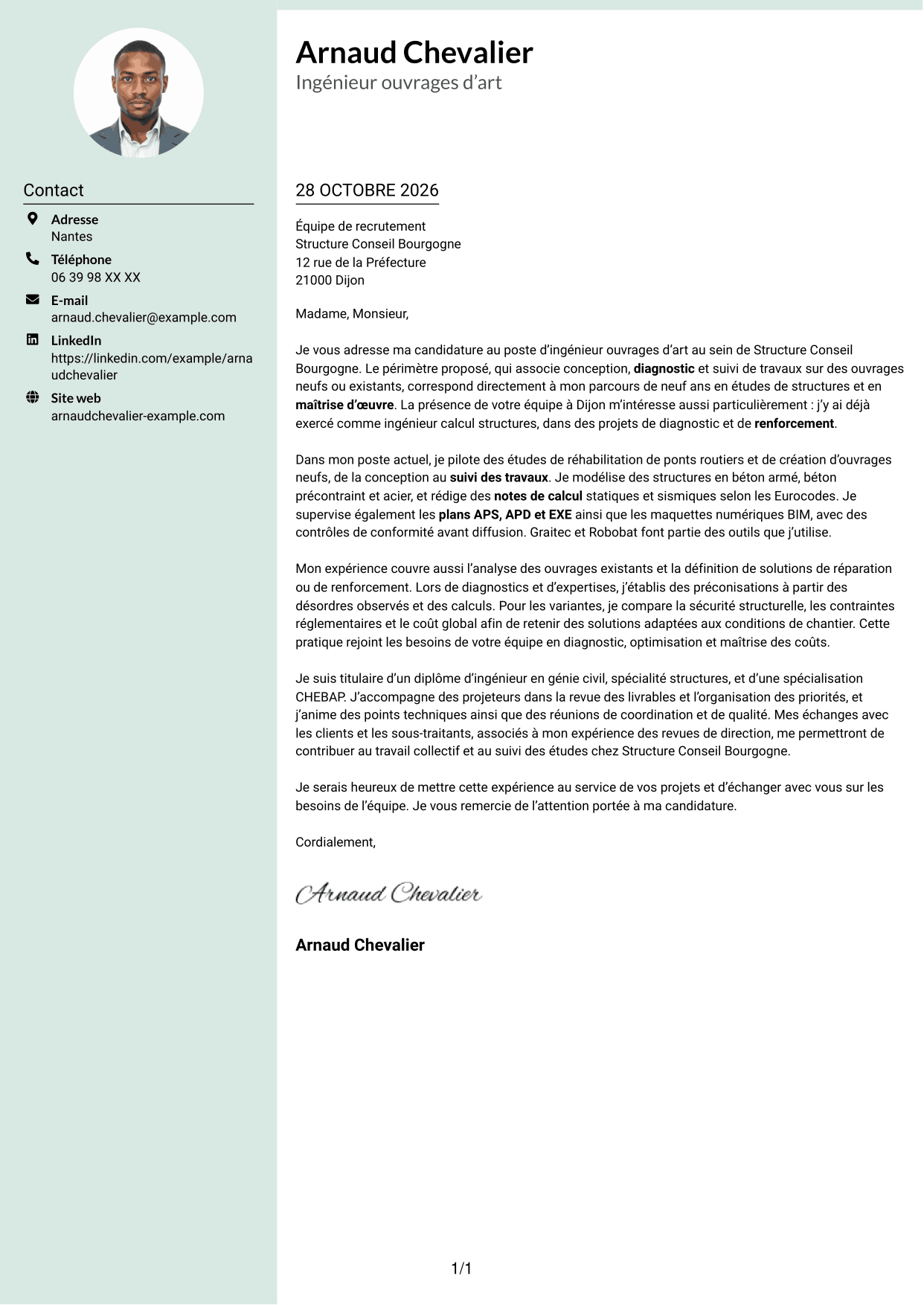 Lettre de motivation Cadre (format à colonne latérale douce avec photo arrondie) : Ingénieur Ouvrages d’Art - Conception et diagnostic des structures, page 1