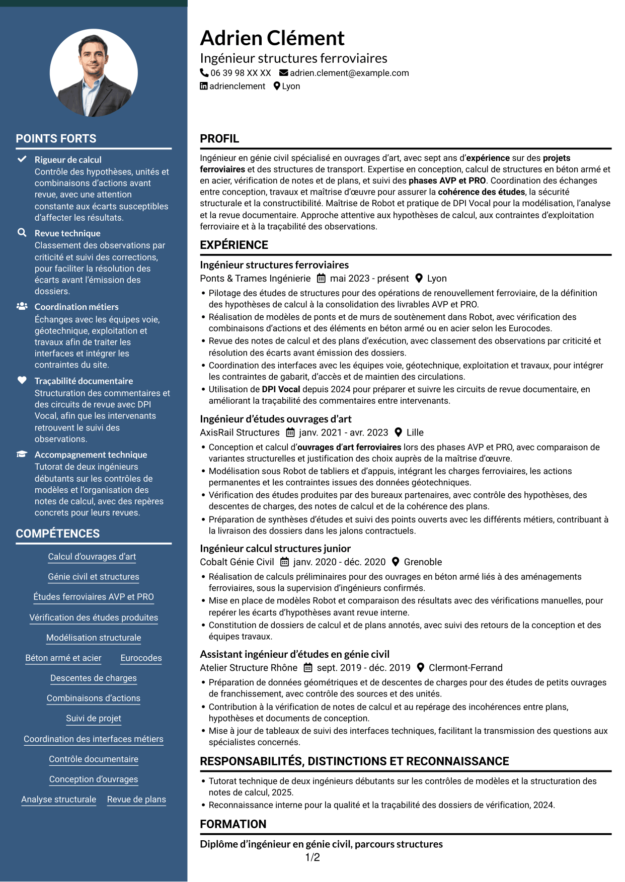CV Élégant (format à colonne latérale colorée avec photo) : Ingénieur Ouvrages d’Art - Génie Civil et Structures, page 1