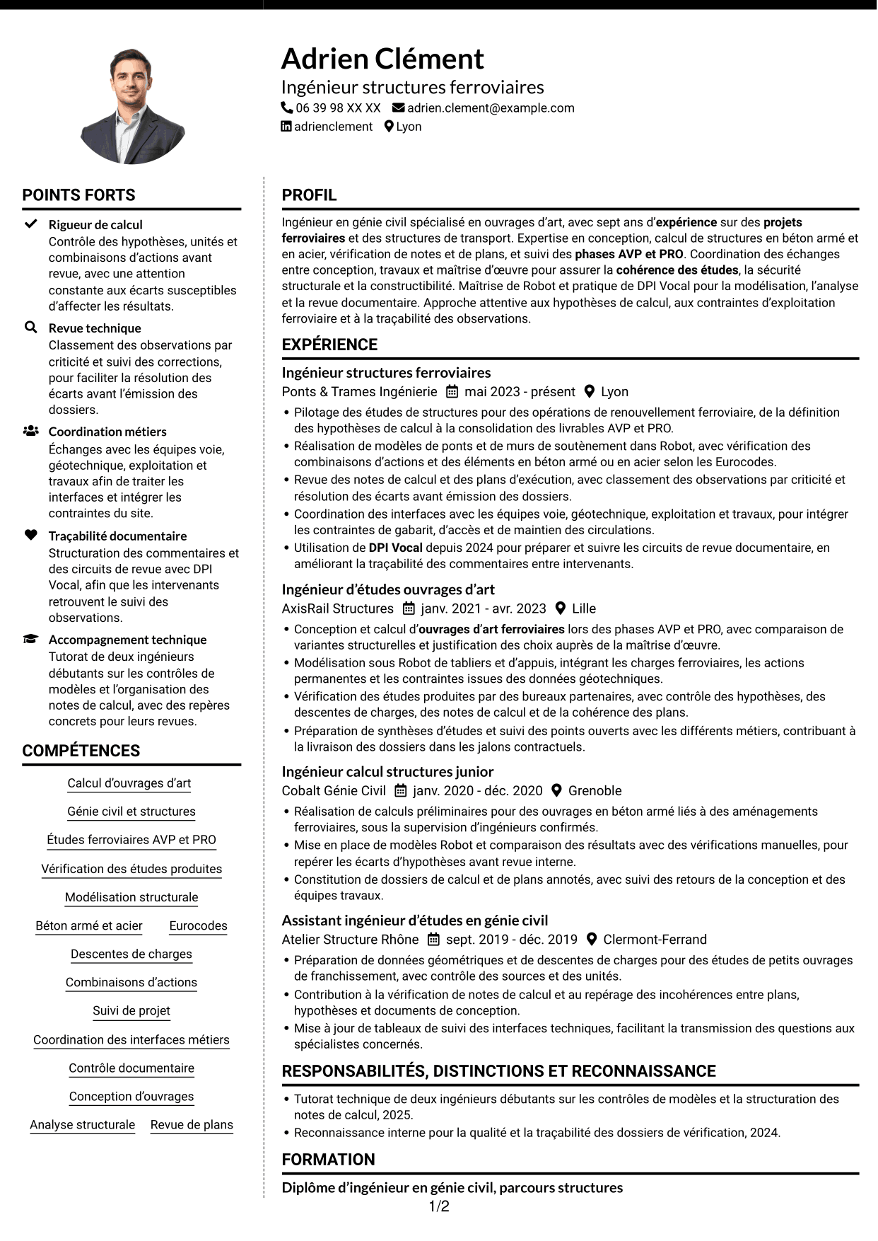 CV Moderne (format à deux colonnes avec photo à gauche et séparateur) : Ingénieur Ouvrages d’Art - Génie Civil et Structures, page 1