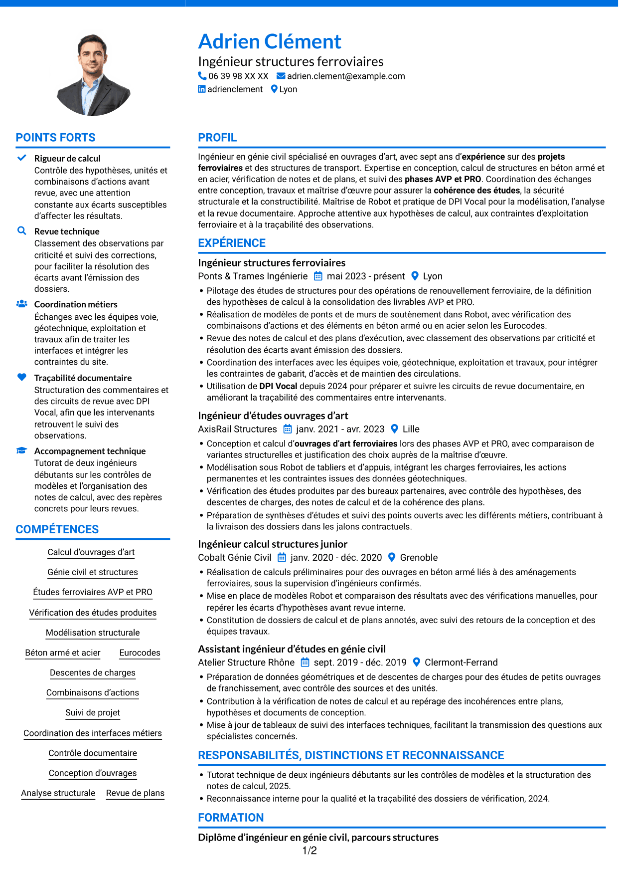 CV Audacieux (format à deux colonnes avec accents colorés et photo) : Ingénieur Ouvrages d’Art - Génie Civil et Structures, page 1