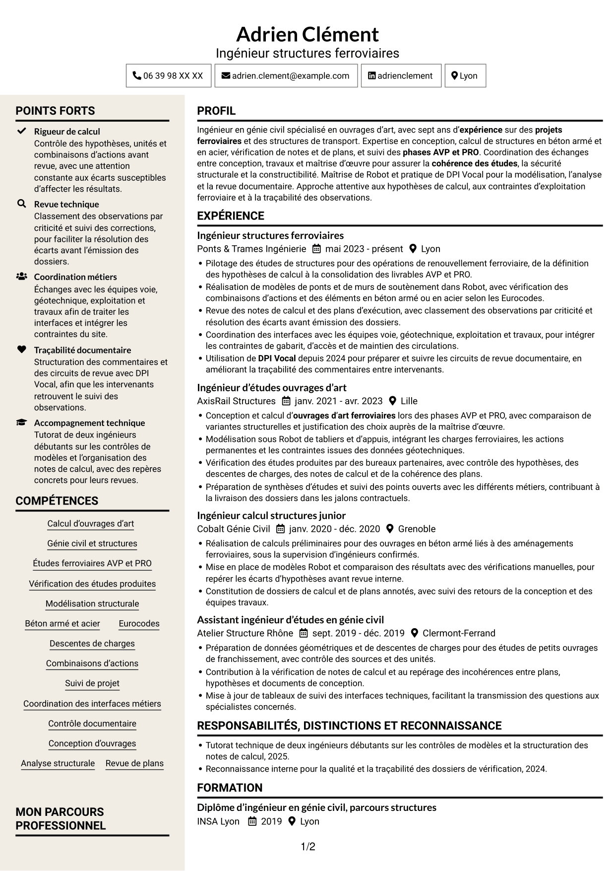 CV Fonceur (format à deux colonnes avec en-tête centré sans photo) : Ingénieur Ouvrages d’Art - Génie Civil et Structures, page 1