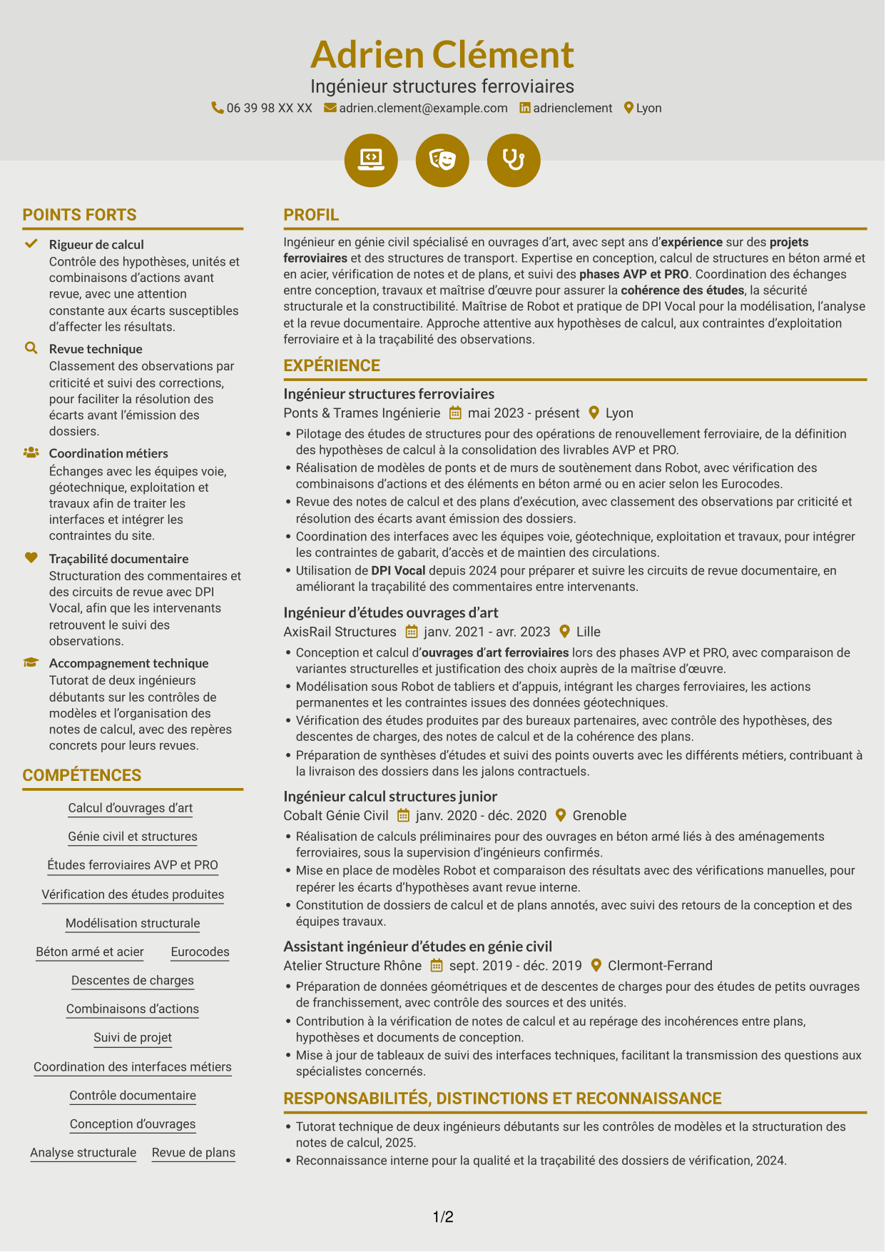 CV Dynamique (format à deux colonnes avec icônes) : Ingénieur Ouvrages d’Art - Génie Civil et Structures, page 1