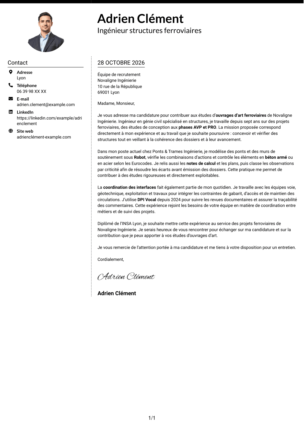 Lettre de motivation Moderne (format à deux colonnes avec photo à gauche et séparateur) : Ingénieur Ouvrages d’Art - Génie Civil et Structures, page 1