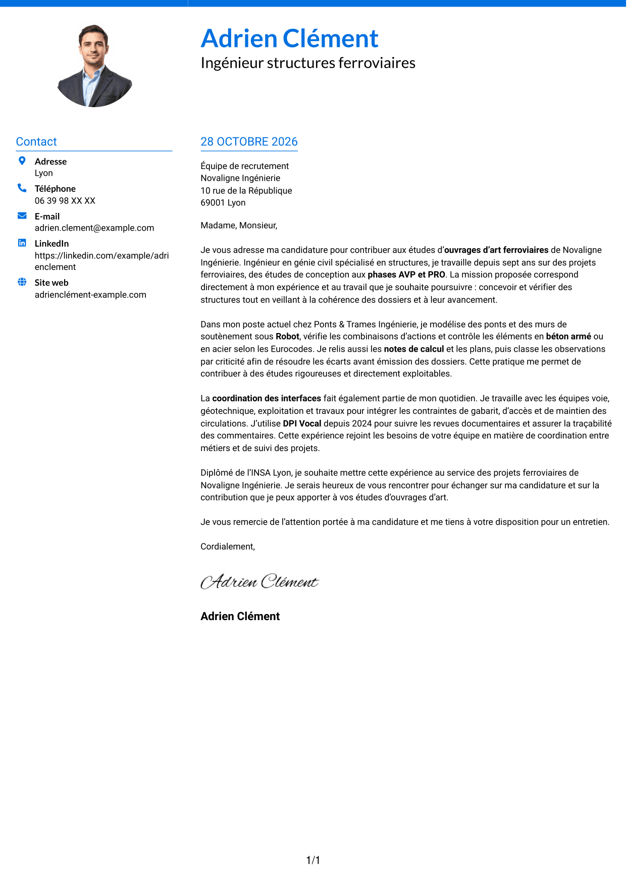 Lettre de motivation Audacieux (format à deux colonnes avec accents colorés et photo) : Ingénieur Ouvrages d’Art - Génie Civil et Structures, page 1