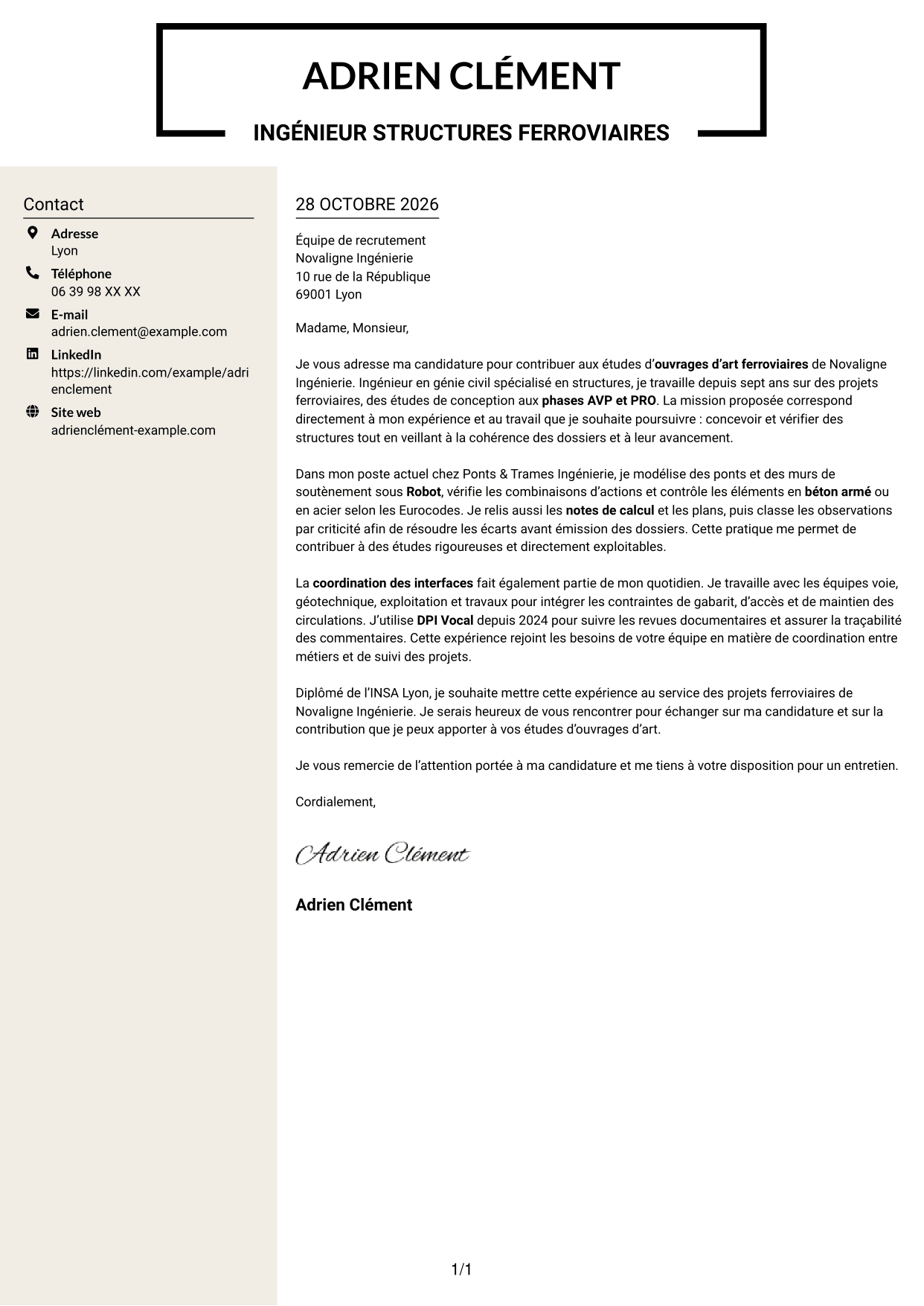 Lettre de motivation Fonceur (format à deux colonnes avec en-tête centré sans photo) : Ingénieur Ouvrages d’Art - Génie Civil et Structures, page 1