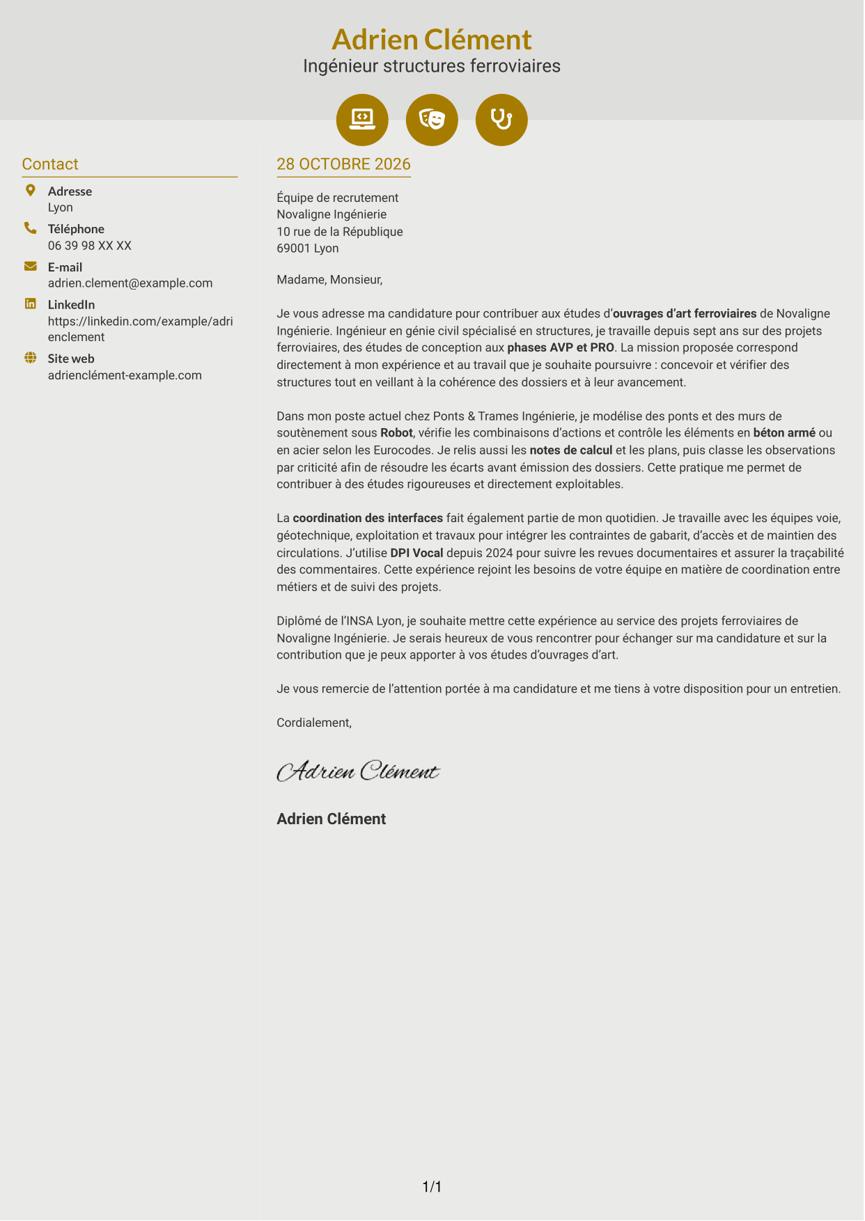 Lettre de motivation Dynamique (format à deux colonnes avec icônes) : Ingénieur Ouvrages d’Art - Génie Civil et Structures, page 1