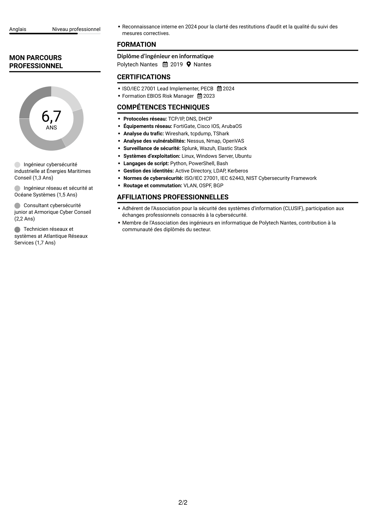 CV Compact (format sobre à deux colonnes avec photo) : Ingénieur Réseau et Cybersécurité - Systèmes industriels, page 2