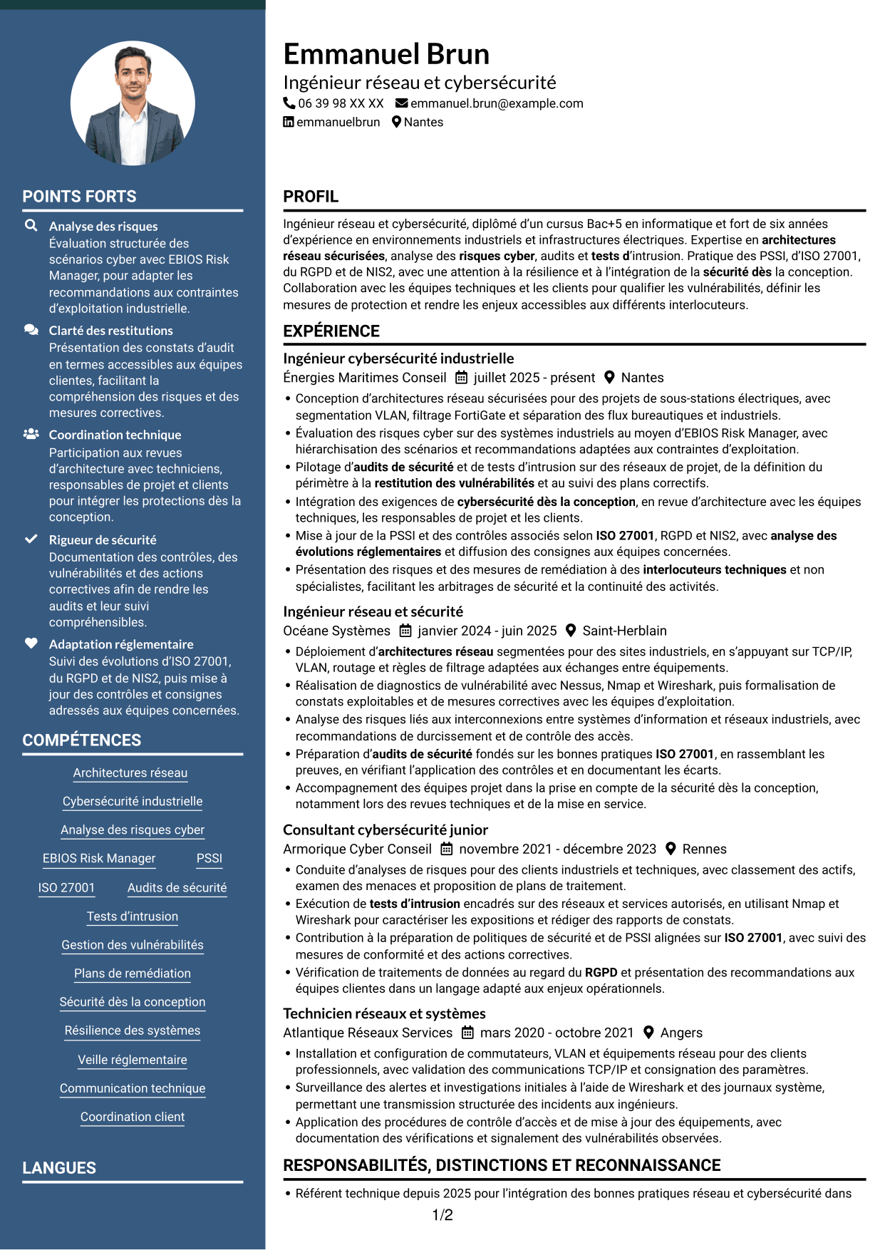 CV Élégant (format à colonne latérale colorée avec photo) : Ingénieur Réseau et Cybersécurité - Systèmes industriels, page 1