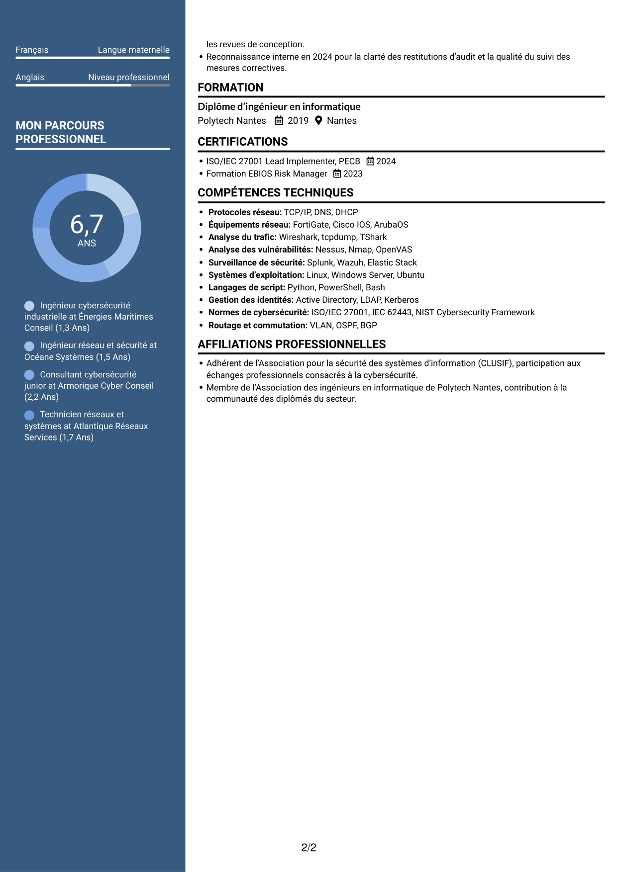 CV Élégant (format à colonne latérale colorée avec photo) : Ingénieur Réseau et Cybersécurité - Systèmes industriels, page 2