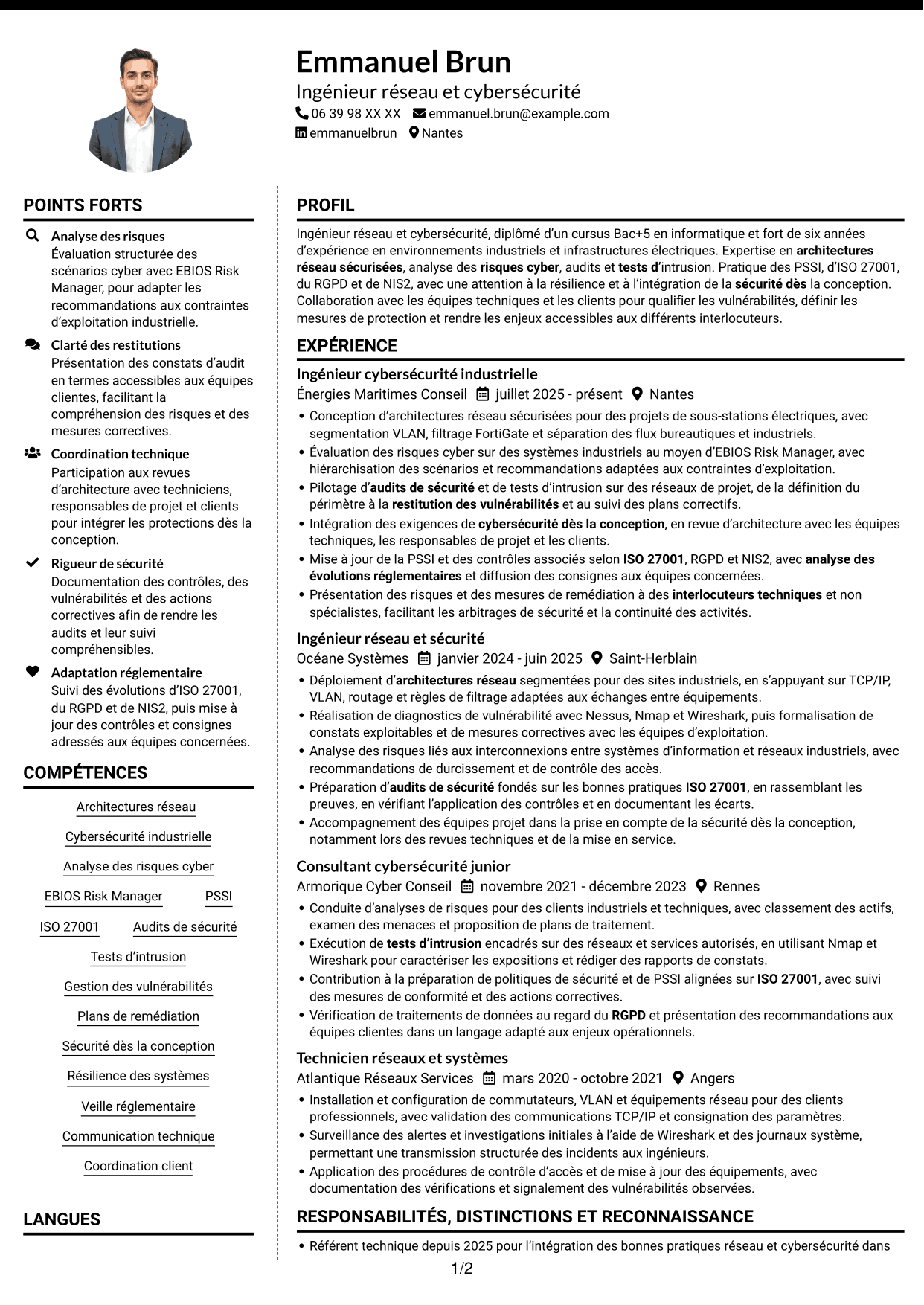 CV Moderne (format à deux colonnes avec photo à gauche et séparateur) : Ingénieur Réseau et Cybersécurité - Systèmes industriels, page 1
